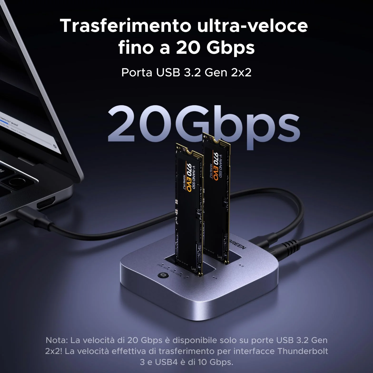 UGREEN Stacja dokująca do dysków twardych, USB 3.2 Gen 2X2 20 Gb/s, obudowa podwójna NVMe SSD, obudowa dysku twardego M.2 do M Key PCIE NVMe SSD, obsługa klonowania offline i UASP