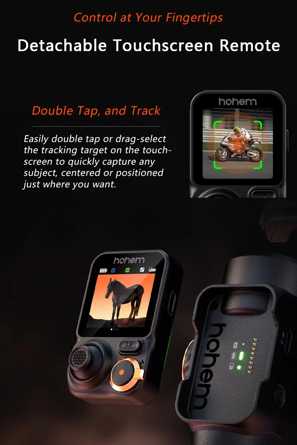 hohem iSteady M7 stabilizator do smartfona, tracker AI z regulowanym światłem RGB, zdejmowany pilot dotykowy, drążek przedłużający, stabilizator imbalowy o ładowności 500 g, dla iPhone i Android