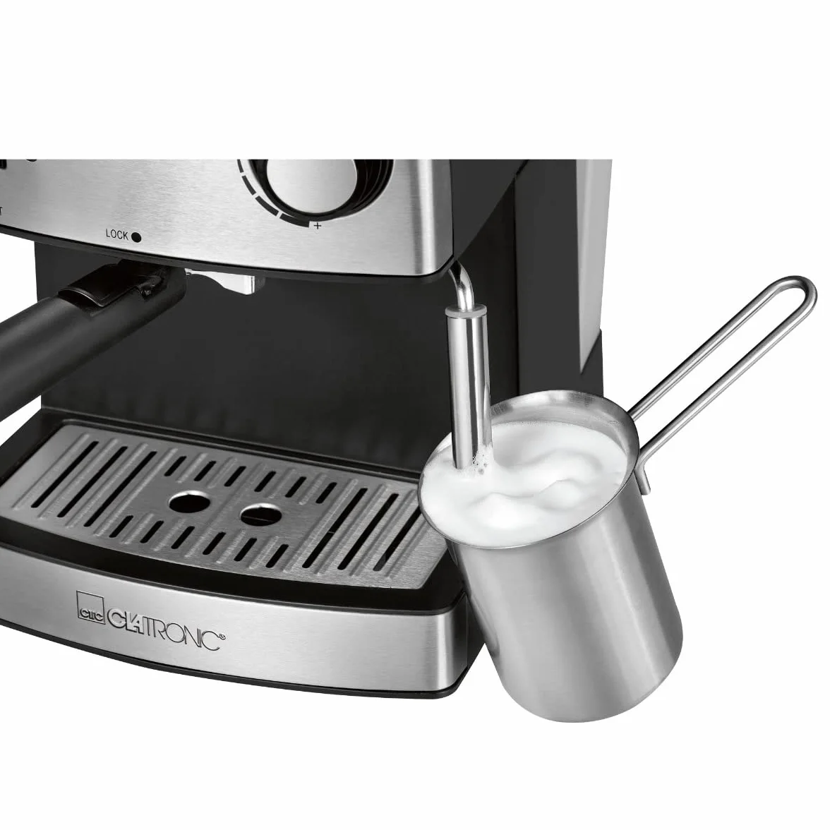 Clatronic ES 3643 ekspres do kawy i cappuccino, front ze stali nierdzewnej, ciśnienie pompy 15 bar, 1,6 litra, funkcja podgrzewania filiżanek, obrotowa dysza pary ze stali nierdzewnej z funkcją spieniania i gorącej wody
