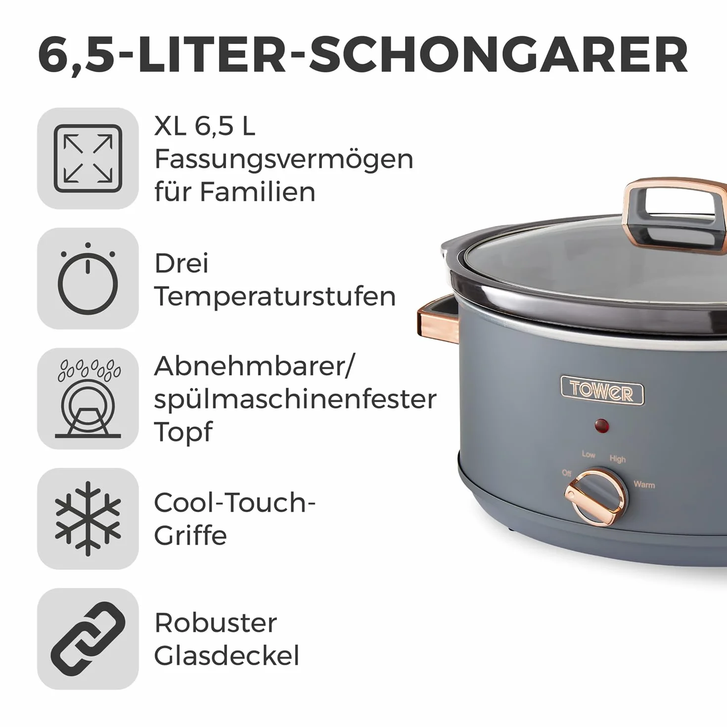 Tower T16043GRY Wolnowar 6,5 l 3 ustawienia ciepła Uchwyty Cool Touch Szary Różowe Złoto