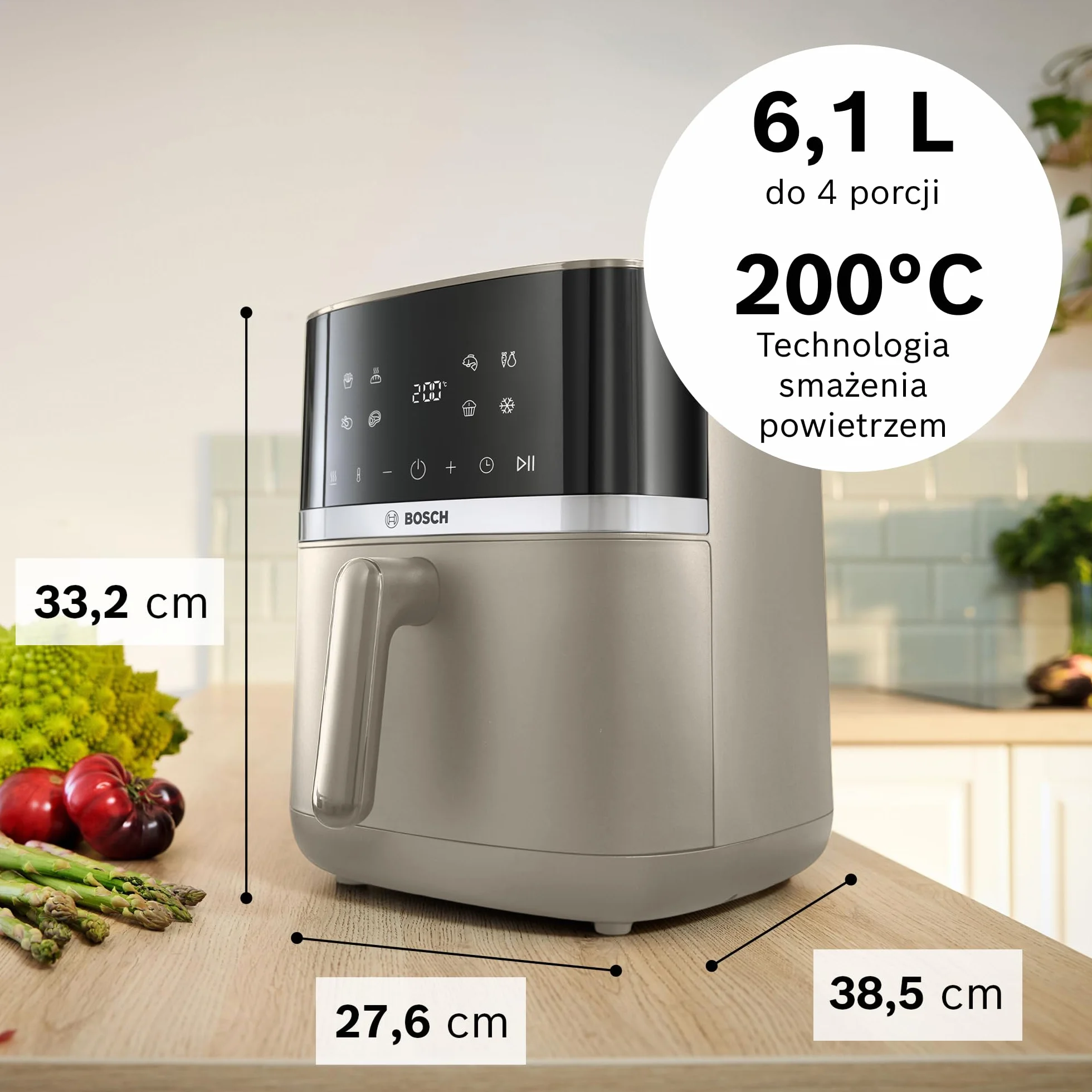 Bosch Air Fryer Serie 4 XL, MAF462C0, 6,1 l, 7 automatycznych programów, dwa elementy grzewcze, funkcje rozmrażania i podtrzymywania ciepła, ekran dotykowy, do 60% szybsze gotowanie, satynowy beżowy