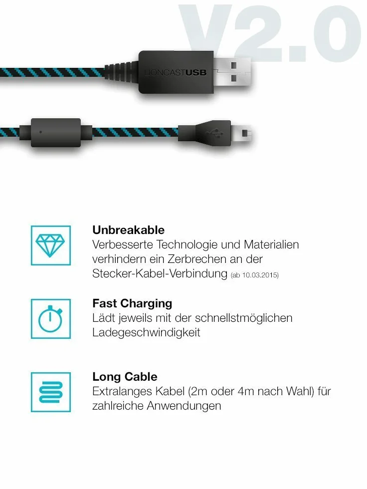 Kabel ładujący Lioncast/kabel USB/kabel kontrolera do kontrolera PS4 i Xbox One, 4m czarny/niebieski Micro USB/Essential Playstation 4 i Xbox One Akcesoria dla każdego gracza - opakowanie 2 szt.