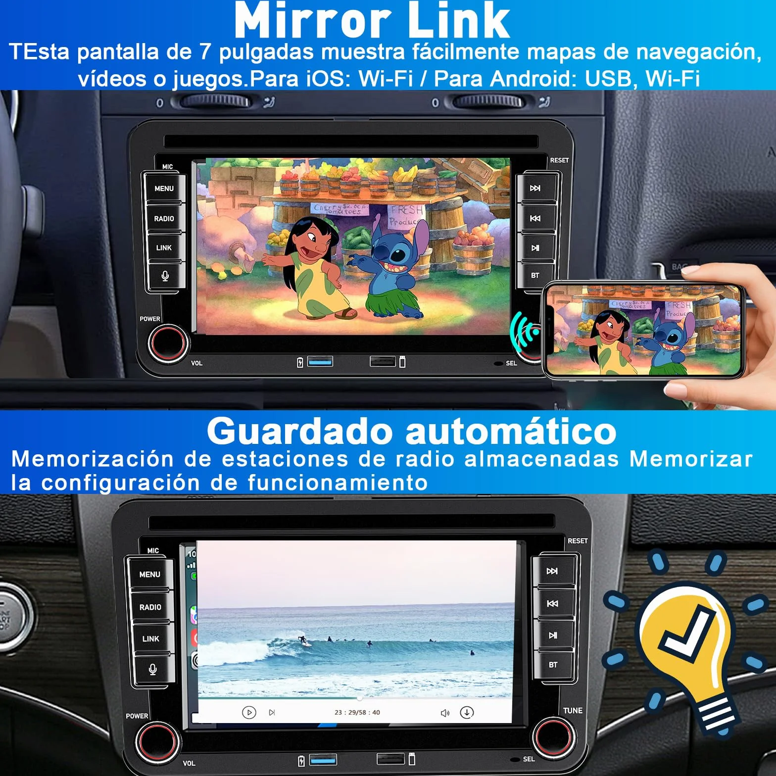 Radio samochodowe Liulbobu do VW Golf 5/6, Passat, Jetta, Caddy, Polo CC, Tiguan, EOS, Scirocco. Bezprzewodowy CarPlay i Android Auto, 7-calowy ekran dotykowy, Bluetooth, FM/AM, USB, DSP, RDS.