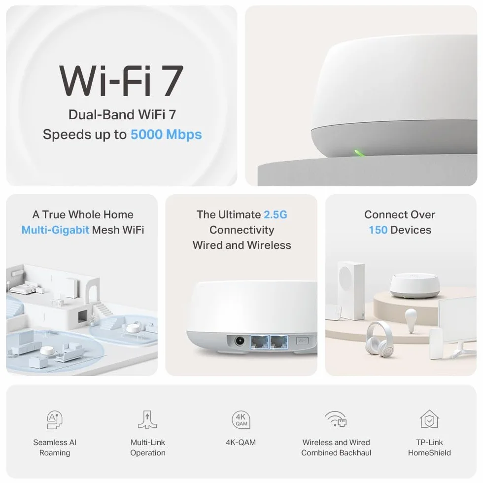 TP-Link WiFi 7 Deco BE25(1-pack) Mesh WiFi, BE3600Mbps Dual-Band, roouter, AP, 2 porty Ethernet 2,5 Gb/s, 4 anteny wewnętrzne, MLO, AI-Roaming, HomeShield, współpracuje z każdym ISP, modemem i Alexą