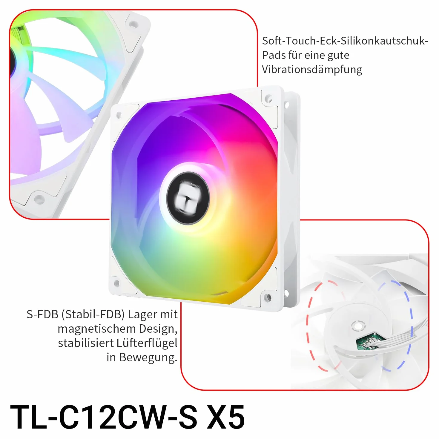 TR-Thermalright TL-C12CW-S X5, zestaw 5 wentylatorów obudowy ARGB, 120 mm, 4-pin PWM, ciche chłodzenie, prędkość 1550 obr./min, niski hałas 25,6 dBA, do systemów chłodzenia PC, białe