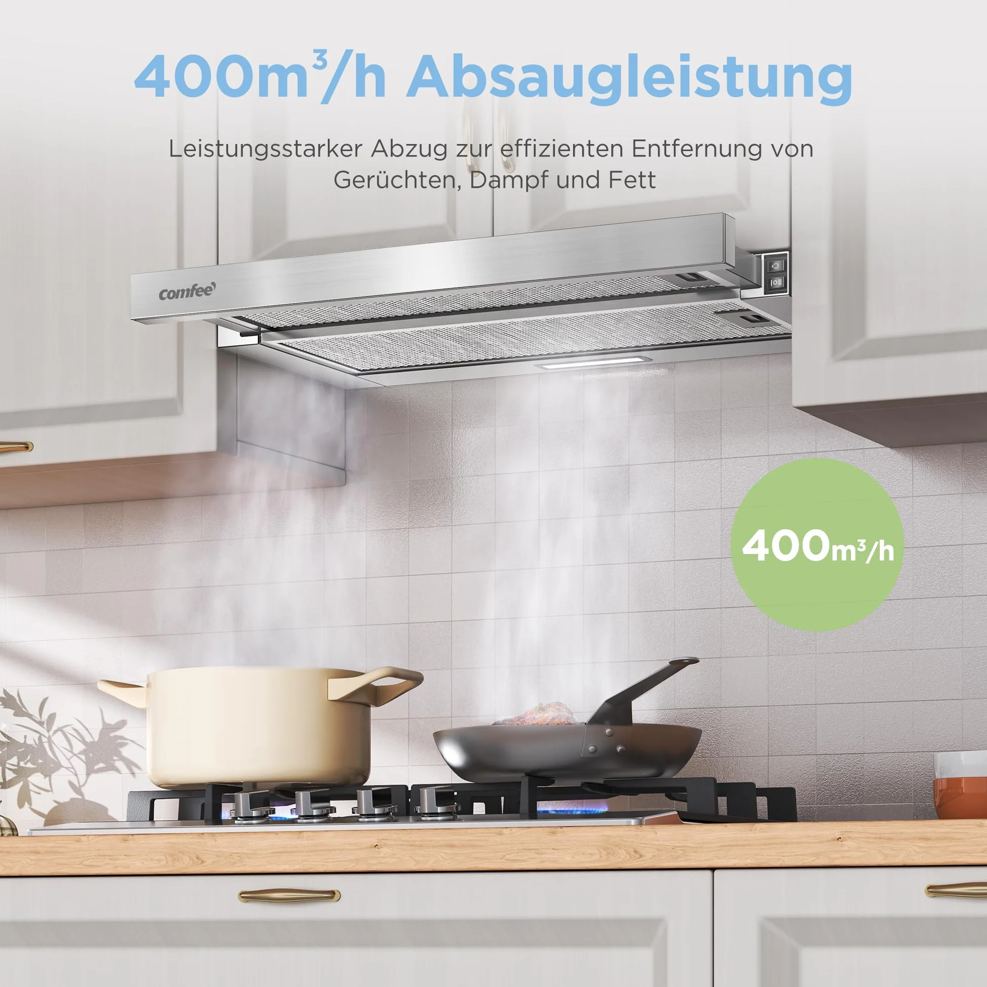 COMFEE ' CHL03M21S płaski okap kuchenny 60 cm obiegu, strumień powietrza 400 m³/h, okap kuchenny, do zabudowy, płaski, okap kuchenny, srebrny