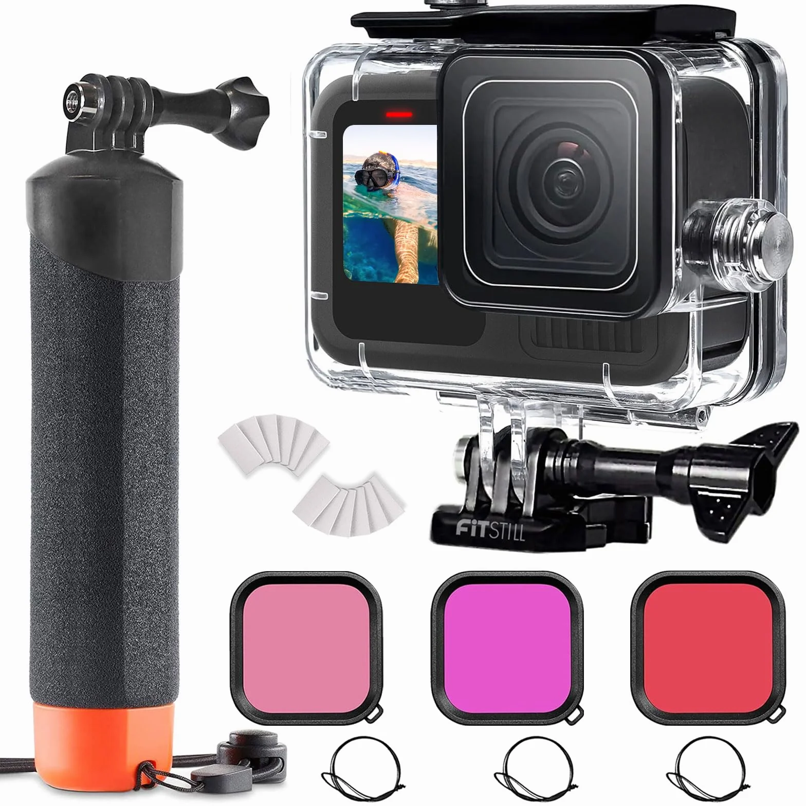 FitStill Podwodny wodoodporny futerał ochronny do Go Pro Hero 13 Hero 12 Hero 11 Hero 10 Hero 9 czarny, 3-pak filtr monopod pływający uchwyt do selfie Stick Hero13/12/11/10/9 czarne akcesoria