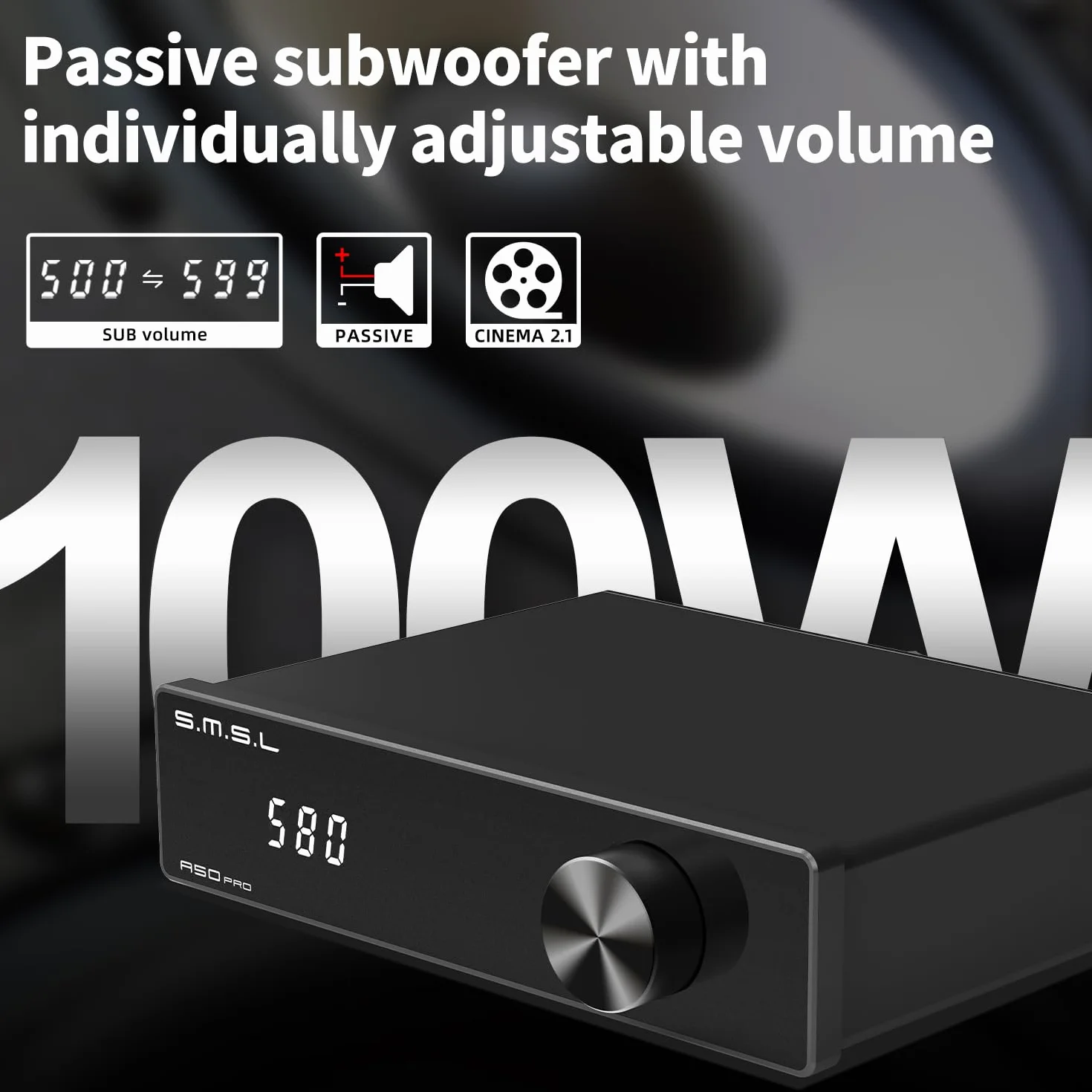 S.M.S.L A50Pro Wzmacniacz,LPF&HPF,2.1-Kanałowy Wzmacniacz Audio,Moc Wyjściowa 100W Basu,HiFi Bluetooth 5.0 Stereo Wzmacniacz Audio,Obsługuje HDMI (ARC),Pasywny Subwoofer,MA12070P,2-chip
