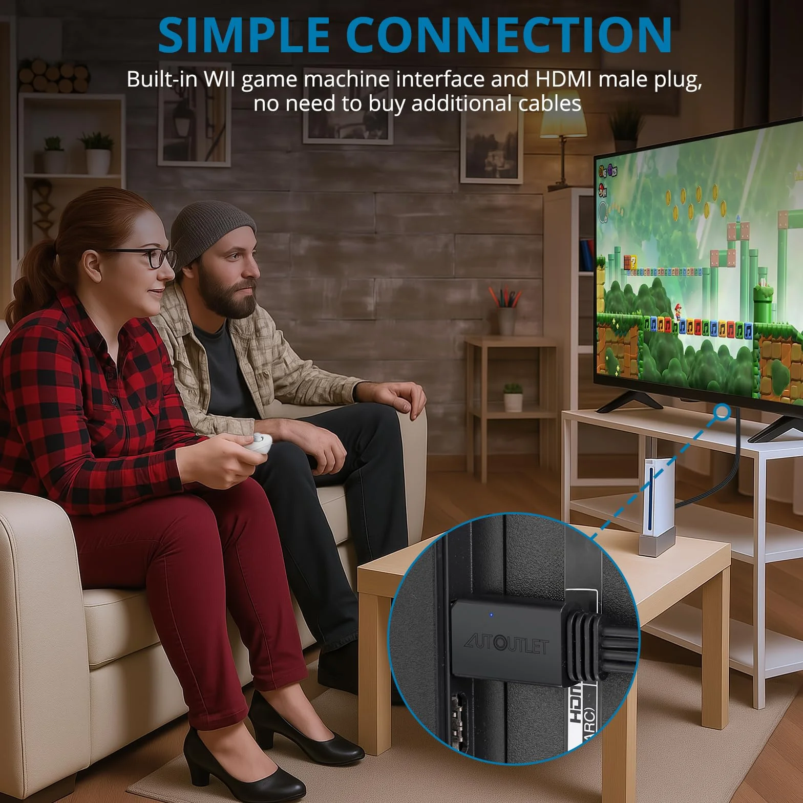 AUTOUTLET Adapter Wii do HDMI, 1080P/720P Konwerter Wii na HDMI, długość kabla 150 cm, obsługuje wszystkie tryby wyświetlania Wii, do telewizora HDTV i monitora, czarny