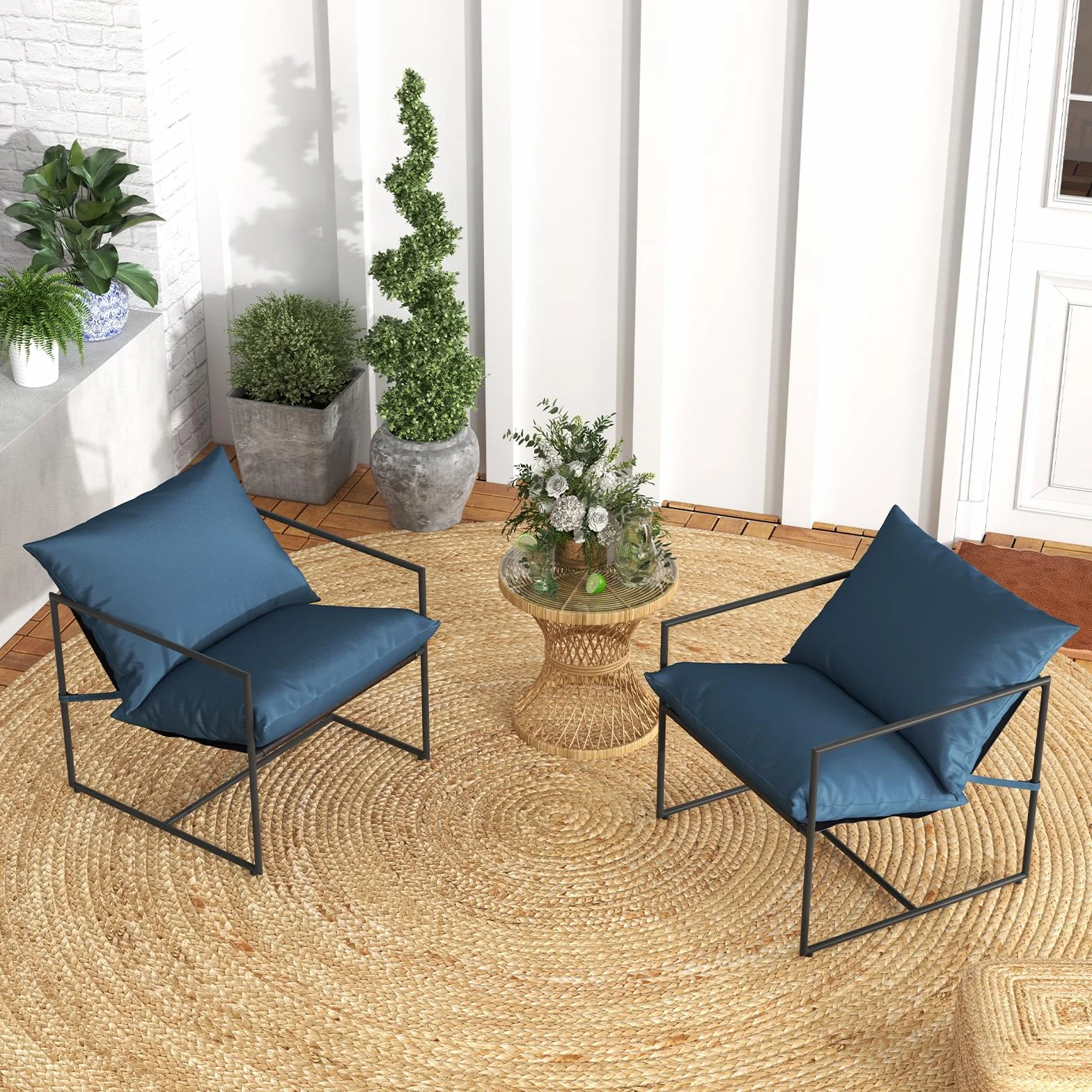 COSTWAY Sling Accent Chairs zestaw 2 foteli wypoczynkowych z poduszką na siedzisko i oparcie, fotel z metalową ramą i oddychającym materiałem do siedzenia, do salonu, na balkon