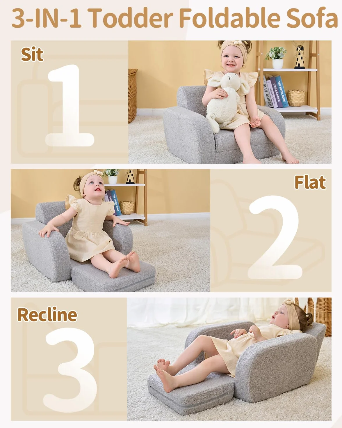 KidBloom Składany Fotelik Dziecięcy 3 w 1 Pluszowa Sofa Dla Maluchów od 1 Roku