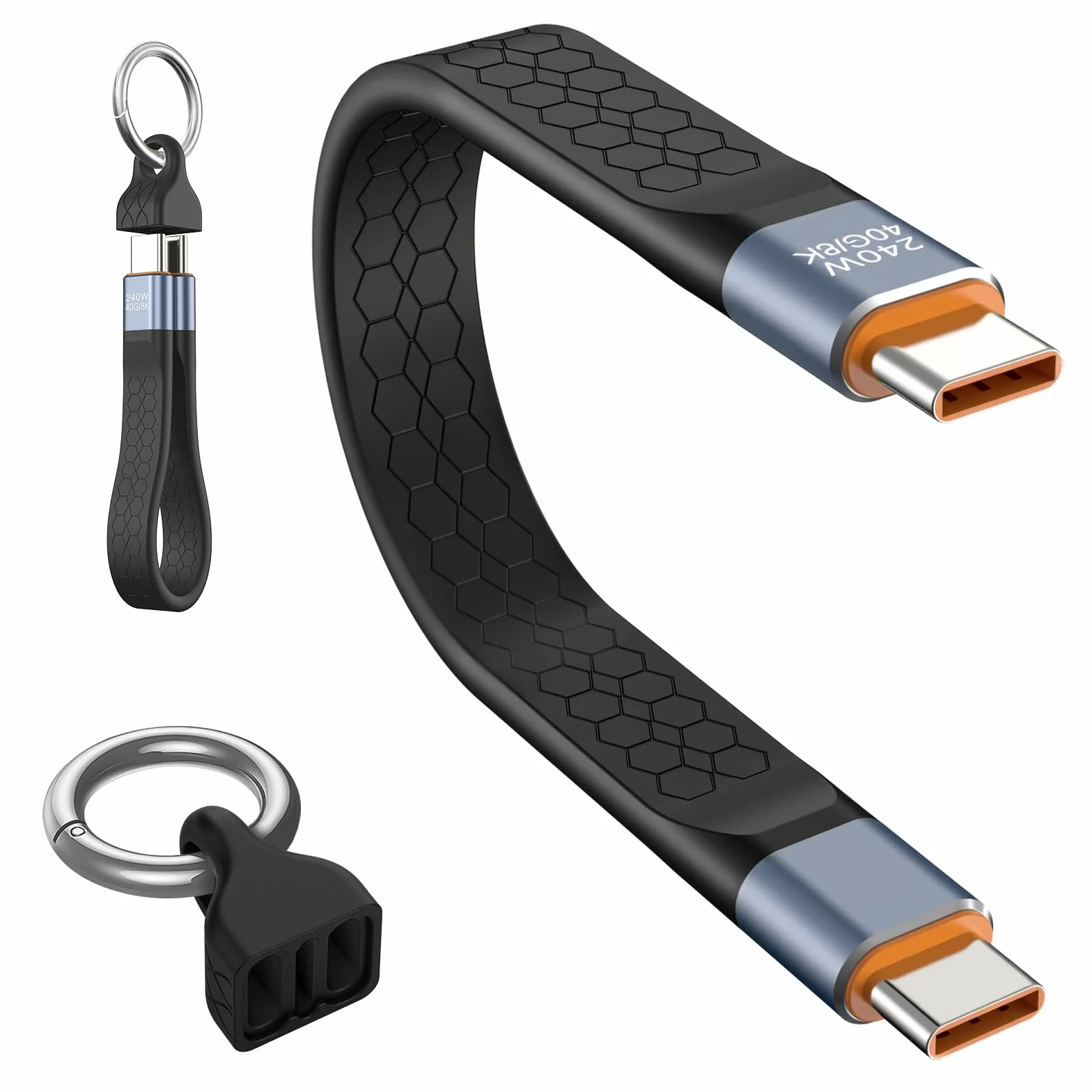 Krótki kabel USB C 13 cm, przenośny brelok, 240 W typ C męski na męski 40 Gbps szybkie ładowanie transfer danych miękki kabel FPC do telefonów iPada Tablet Urządzenie - czarny
