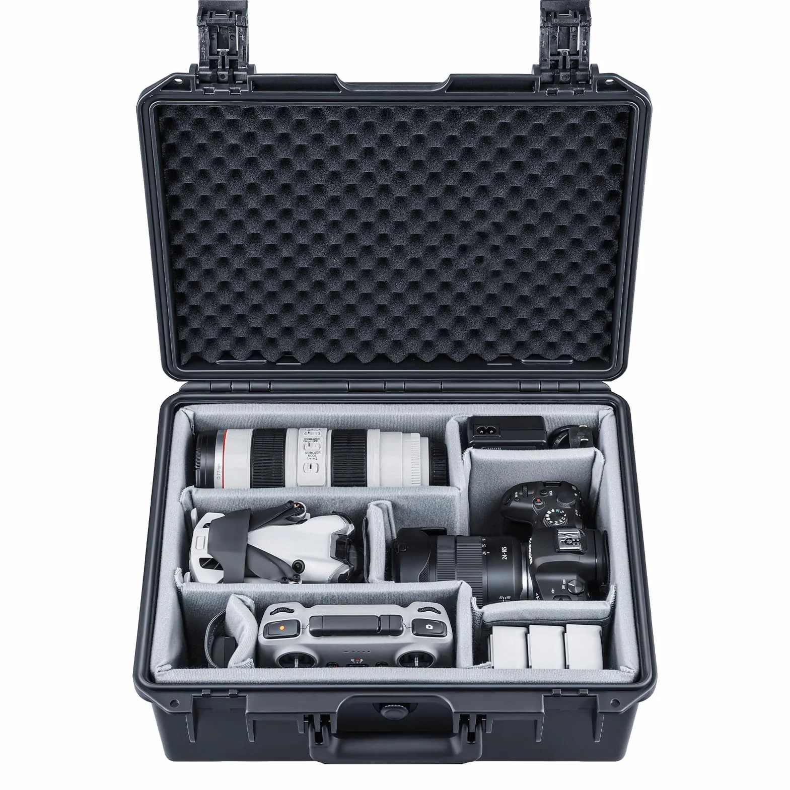 Lykus Wodoodporna twarda obudowa z PVC 1 z wyściełanymi przegrodami do aparatów, obiektywów, Dual DJI Mavic/Air/Mini drony, Czarny, Twarde etui z wyściełanymi przegrodami