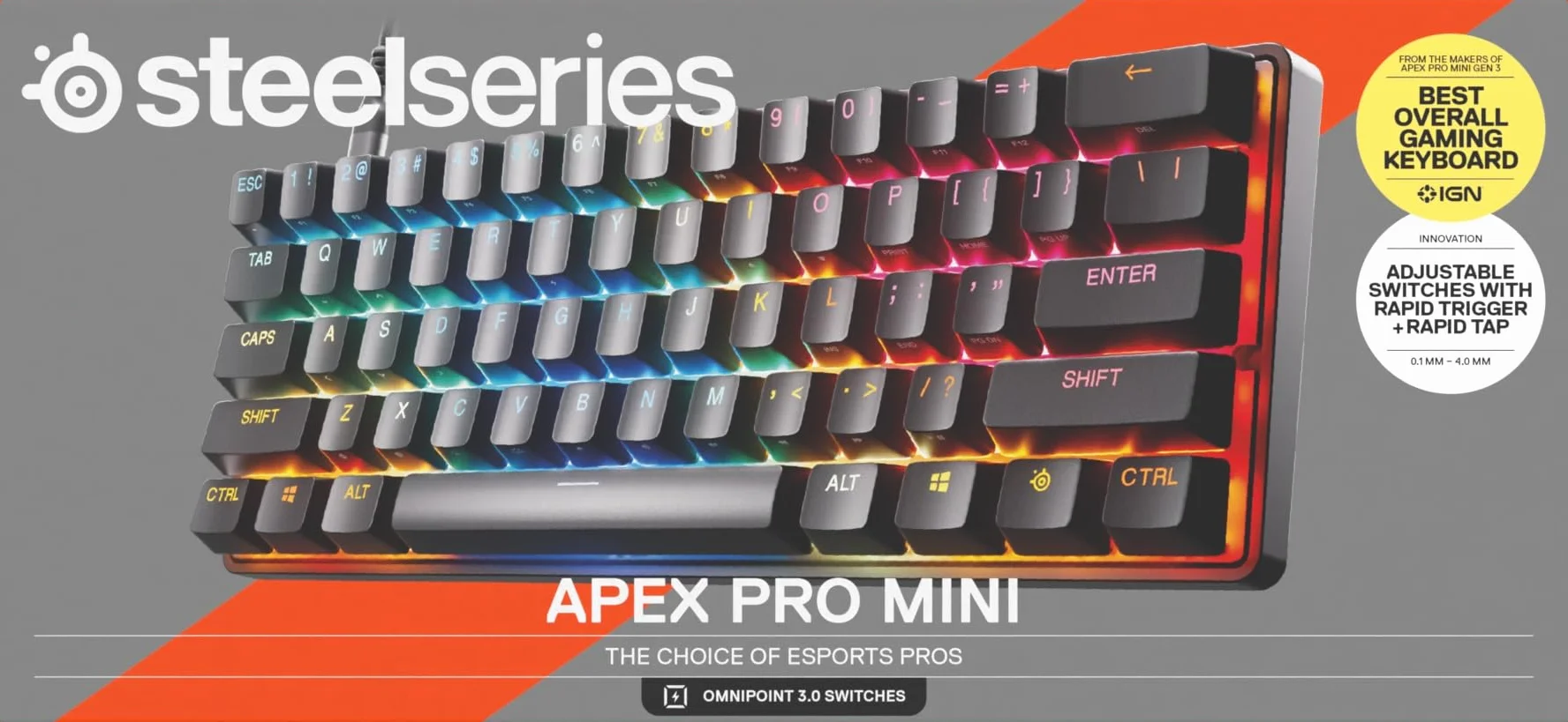 SteelSeries Apex Pro Mini Gen 3 - hipermagnetyczne przełączniki OmniPoint 3.0 – Regulowana aktywacja – Rapid Trigger – Ustawienia gier – Tryb ochrony – Rapid Tap/SOCD – RGB – nakładki z PBT -UK QWERTY