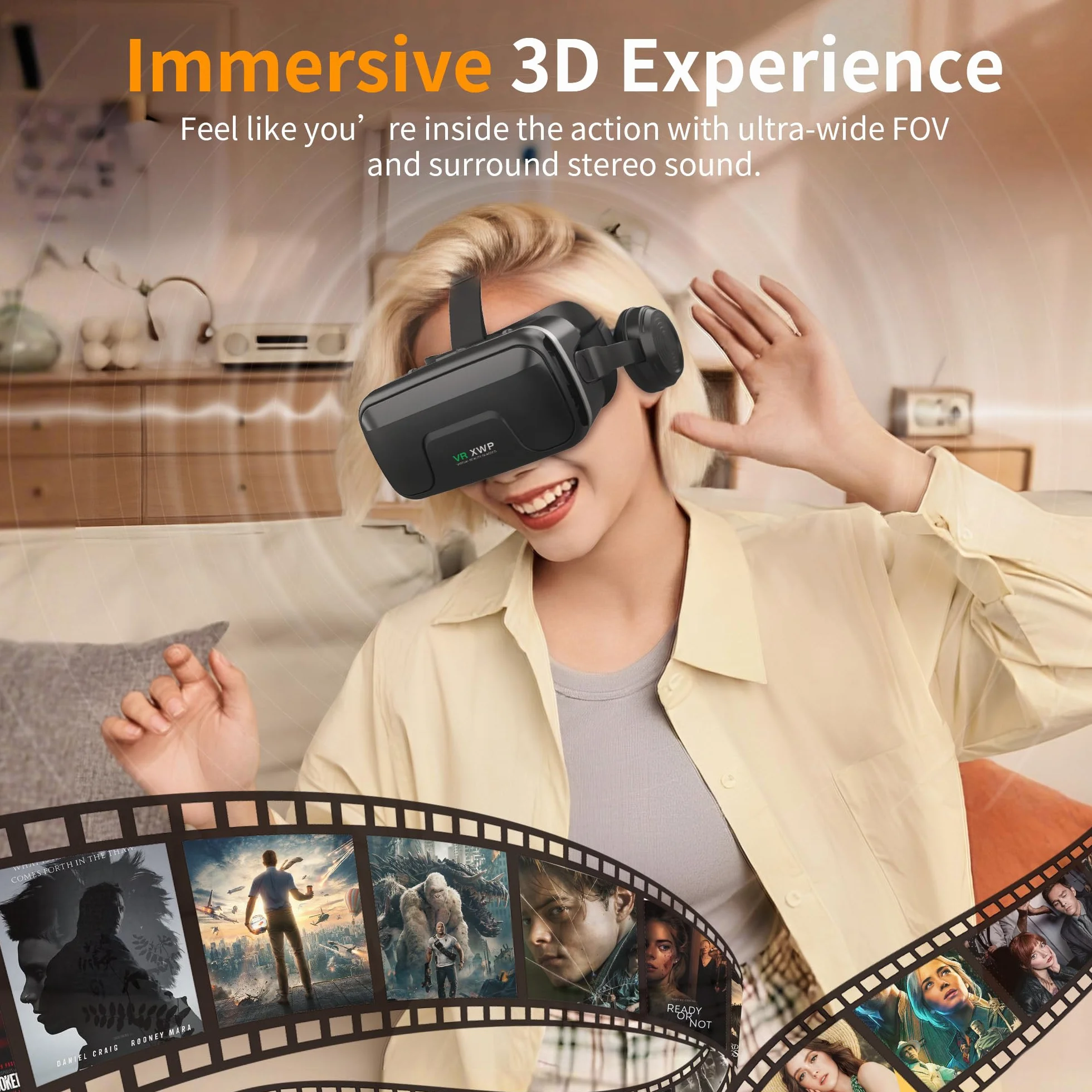 XWP Zestaw słuchawkowy VR ze słuchawkami, okulary wirtualnej rzeczywistości 3D z soczewkami HD Anti-Blue Light, kompatybilny z iPhone i Android 11.9-18.3 cm, wciągające do gier, filmów i zabawy