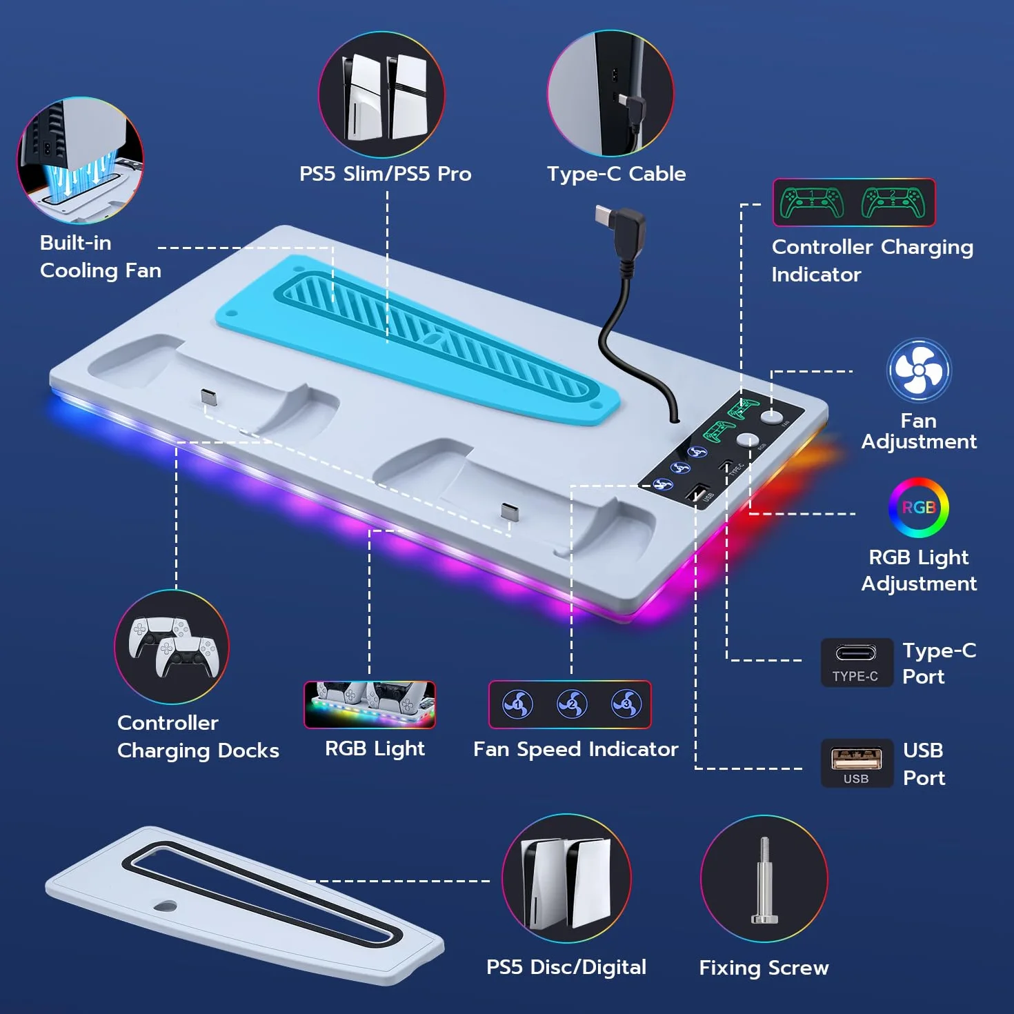 Pionowa podstawa z chłodzeniem do PS5/PS5 Slim, stacja ładująca Dual Controller z 3-stopniowym wentylatorem/światło RGB do PS5 UHD & Digital / PS5 Slim Disc & Digital