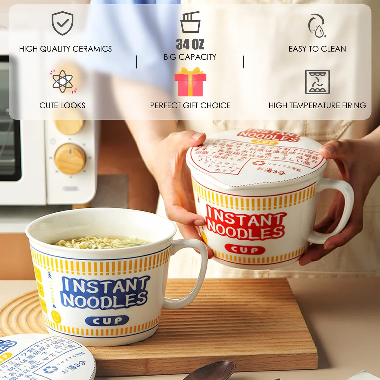 Ceramiczna miska na makaron 1000 ml z pokrywką, zestaw z widelcem, niebieska