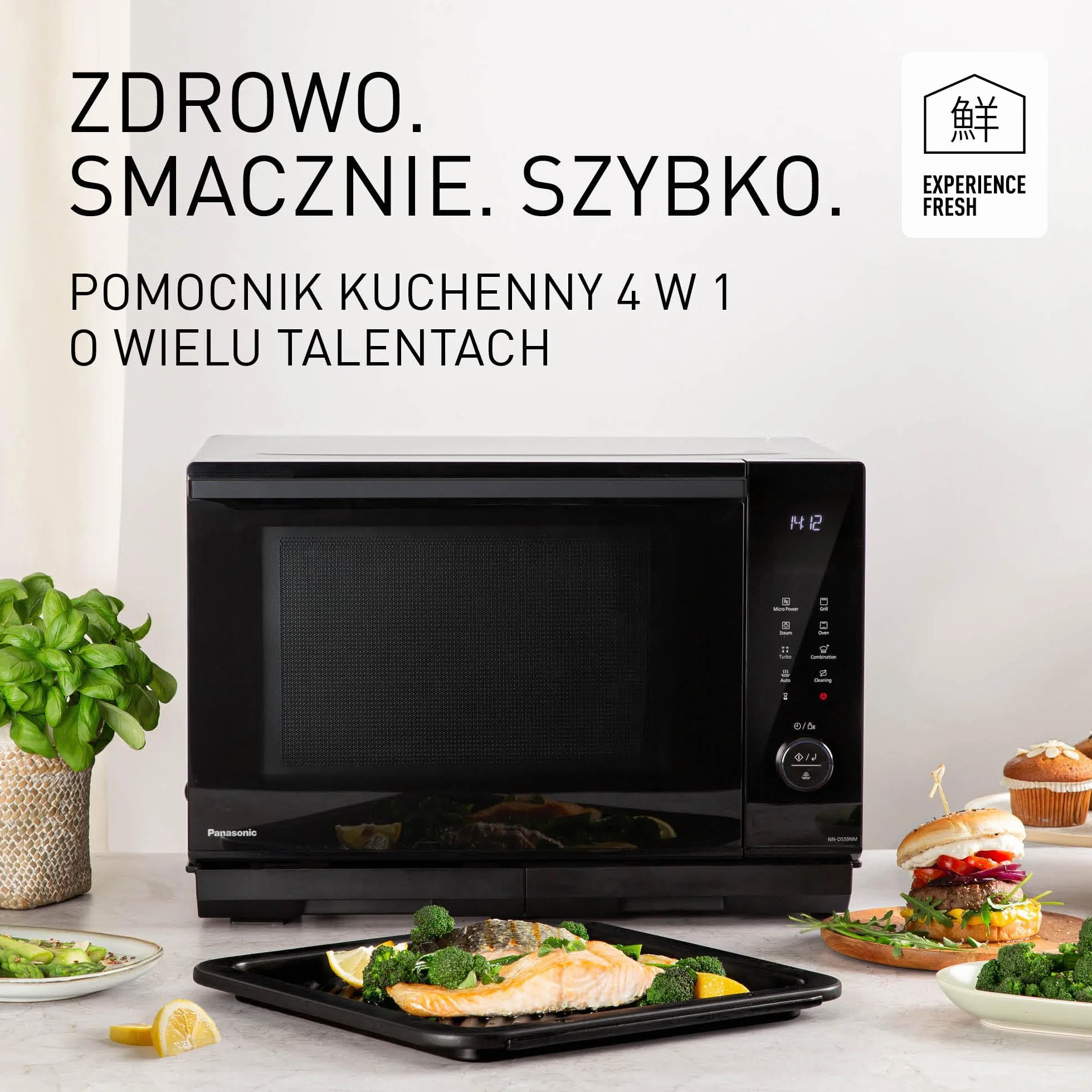 Panasonic NN-DS59N parowa kuchenka wielofunkcyjna 4w1 (technologia inwerterowa, 27l, para o mocy 1100W, grill kwarcowy 1350W, funkcja piekarnika), srebrna