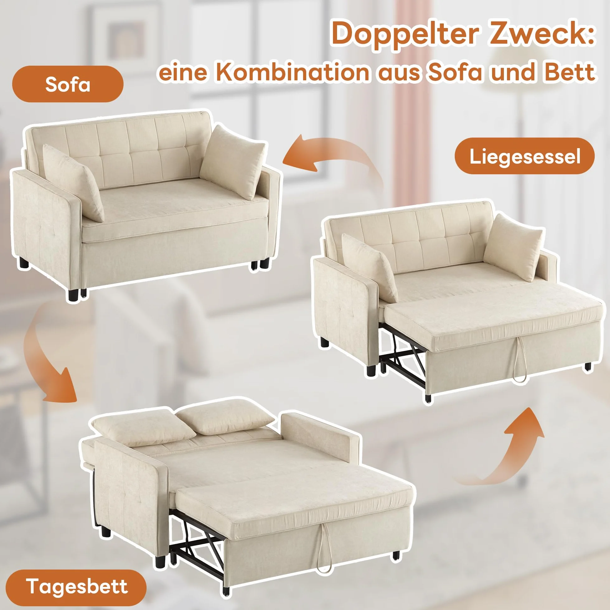 Sofa z funkcją spania 3 w 1 142x79x85 cm beżowa 2-osobowa z regulowanym oparciem