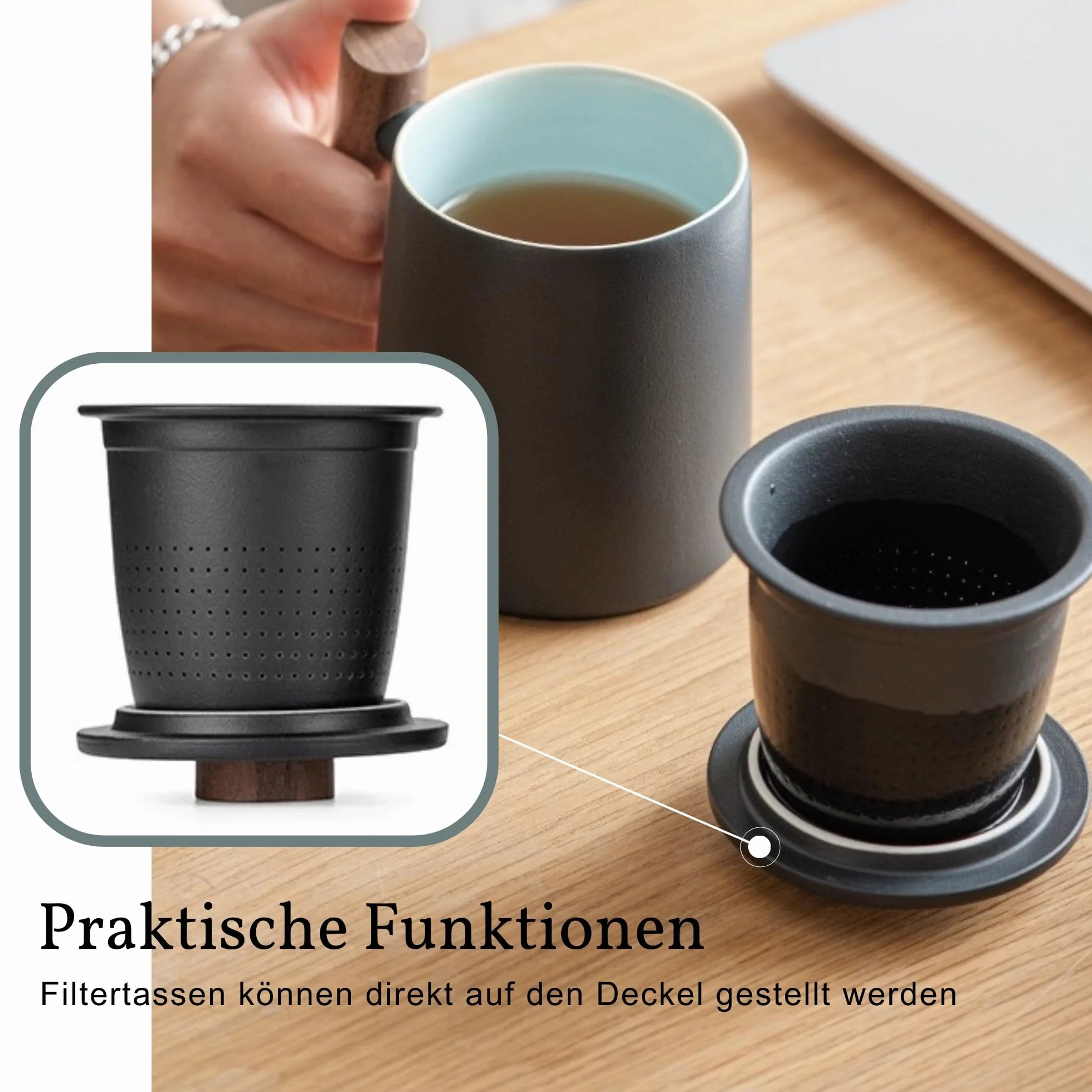 JanYoo Filiżanka do Herbaty z Pokrywką i Sitkiem, 360 ml, Uchwyt z Palisandru, Ceramiczna, Matowa, Kamionkowa, Glazurowana, Czarna