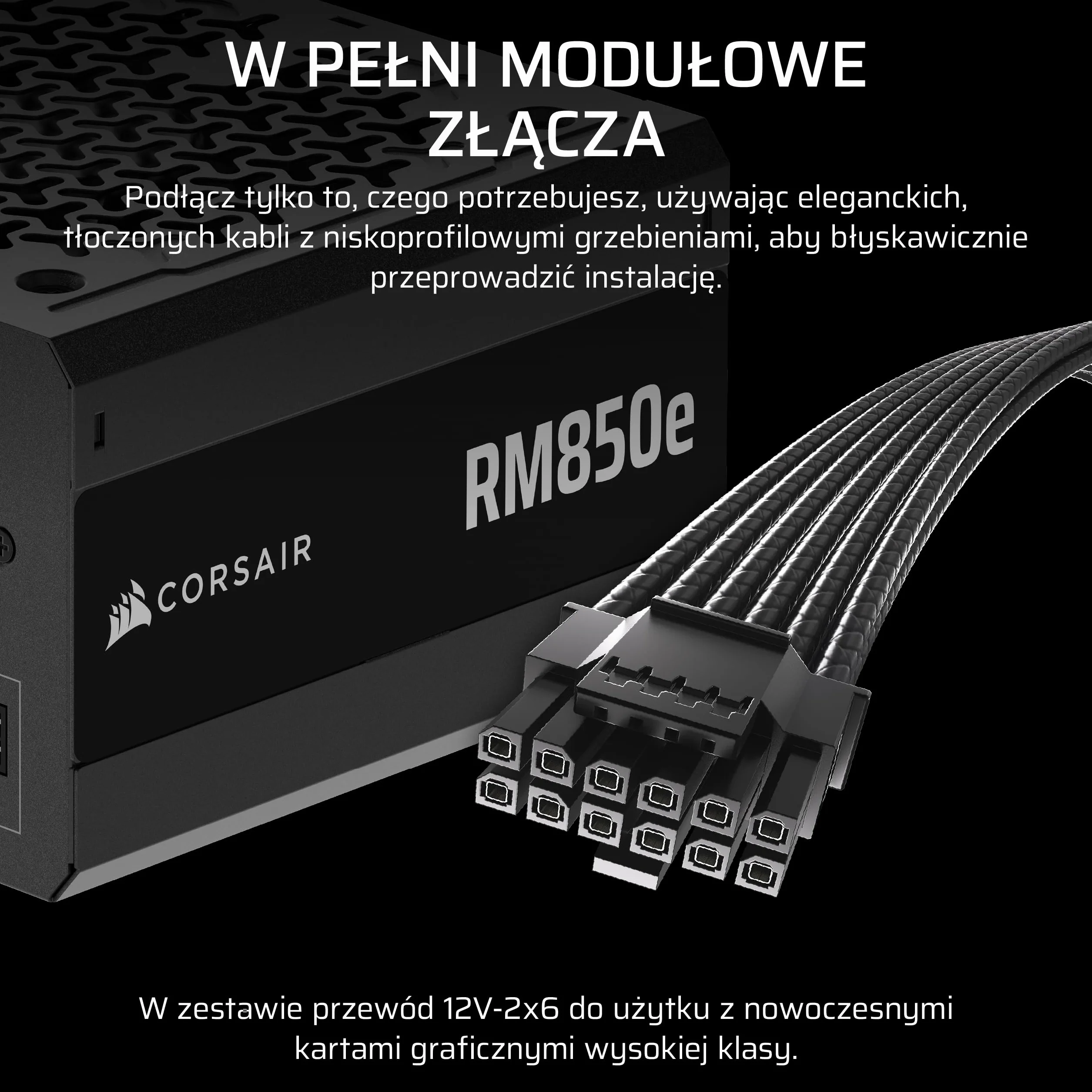 CORSAIR RM850e (2025) W Pełni Modułowy Cichy Zasilacz ATX Zgodny Z kablem 12V-2x6 – Zgodna z ATX 3.1 i PCIe 5.1, Wydajność Klasy Cybenetics Gold, Kondensatory Działające w Temperaturze 105°C – Czarny