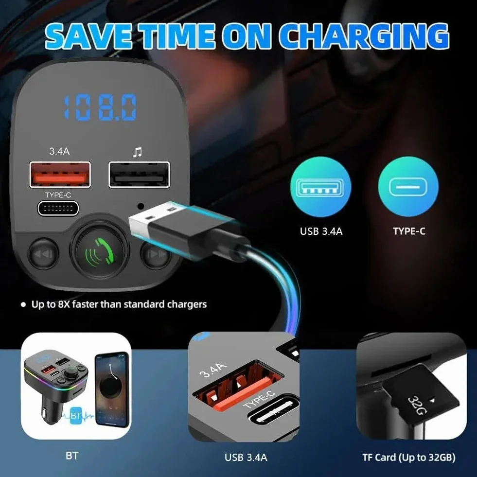 Samochodowy transmiter Bluetooth FM PD typu C Dual USB 3,4 A MP3 oświetlenie otoczenia zestaw głośnomówiący szybki kolorowy modulator odtwarzacz, ładowarka, odtwarzacz muzyki, zapalniczka z funkcją