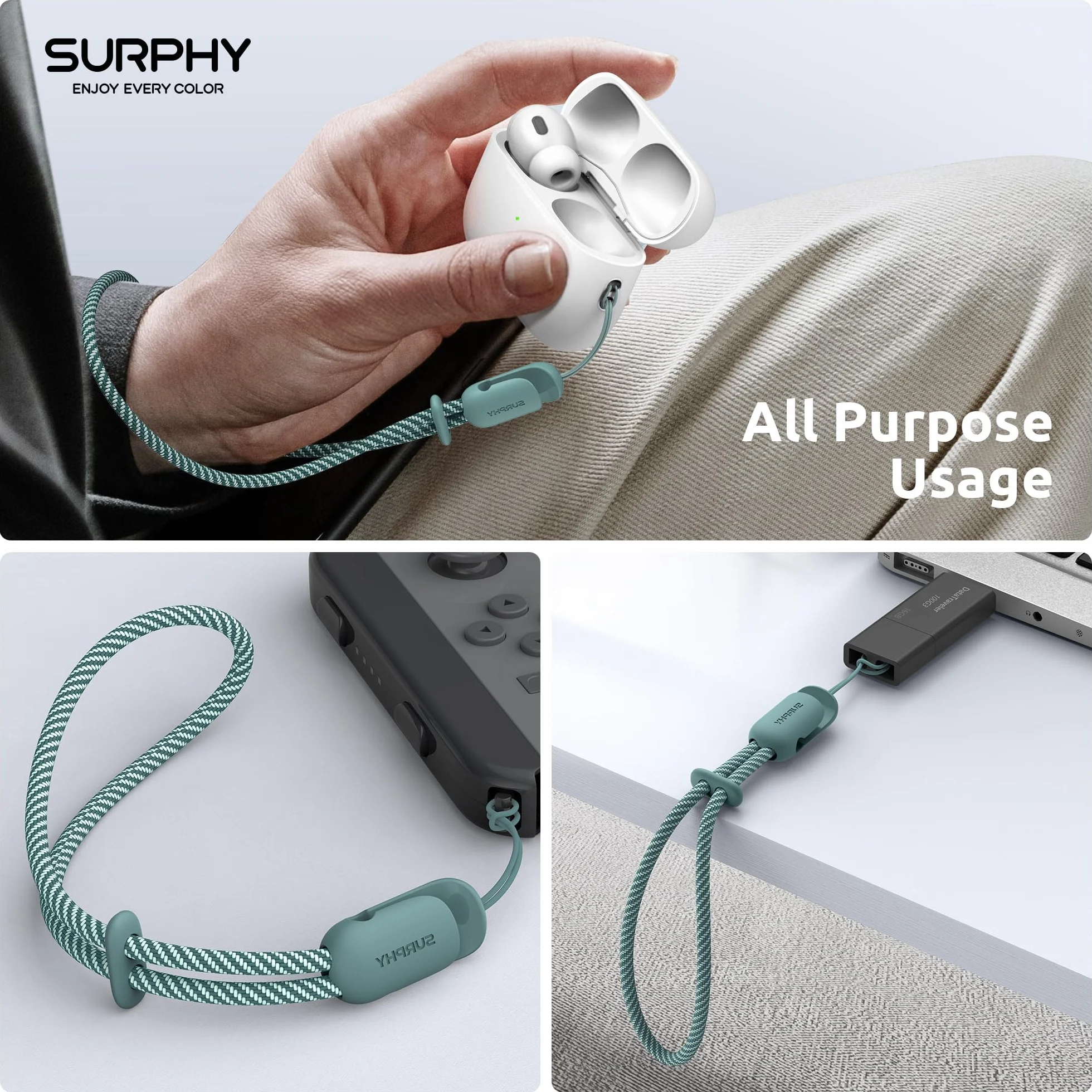 SURPHY 2 szt. regulowany pasek na rękę do telefon komórkowy, uniwersalny łańcuszek na telefon komórkowy, smycz do telefonu komórkowego Airpods, kamary, kluczy, pamięć USB, portfel