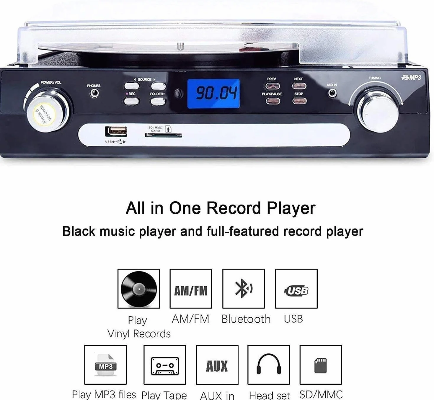 DIGITNOW! Gramofon winylowy Bluetooth, gramofon z głośnikami stereo, obsługuje kasetę, radio AM/FM, kodowanie USB z winylu do MP3