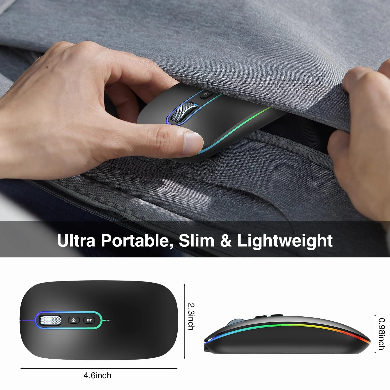 Cimetech Bluetooth Mouse Wireless (Bluetooth 5.1 + USB 2,4 GHz) LED Dual Tryb- Naładowane optyczne mysz radia biurowa dla laptopa MacBooka Air Pro, iPad, komputer.