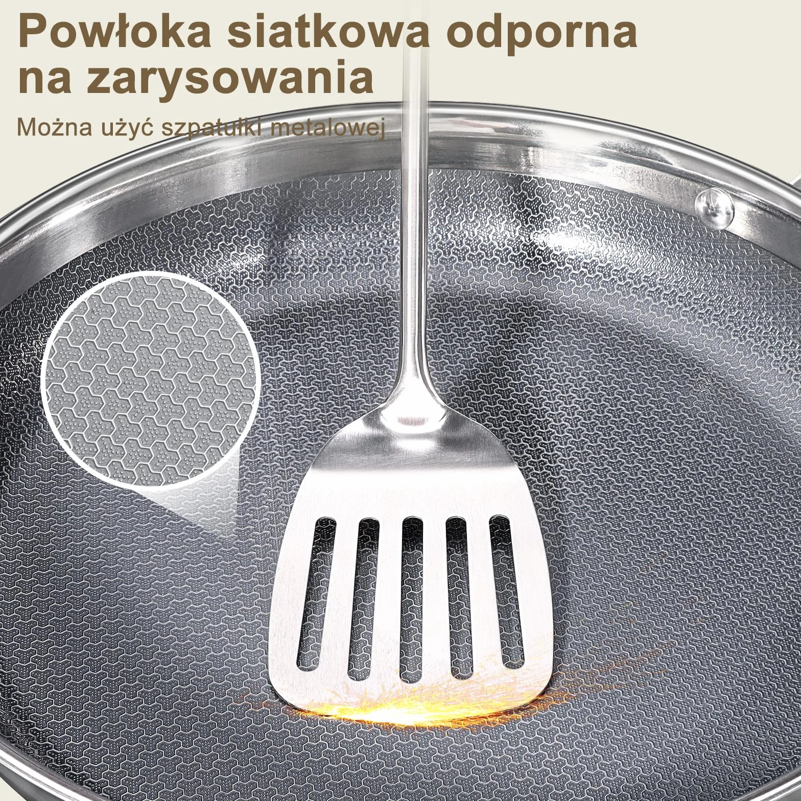 Patelnia GiPP 30CM ze Stali Nierdzewnej z Potrójnym Dnem, Nieprzywierająca Powłoka Plastrem Miodu, Kompatybilna z Indukcją, Nadaje się do Piekarnika, Do Smażenia i Zdrowego Gotowania (z pokrywą)