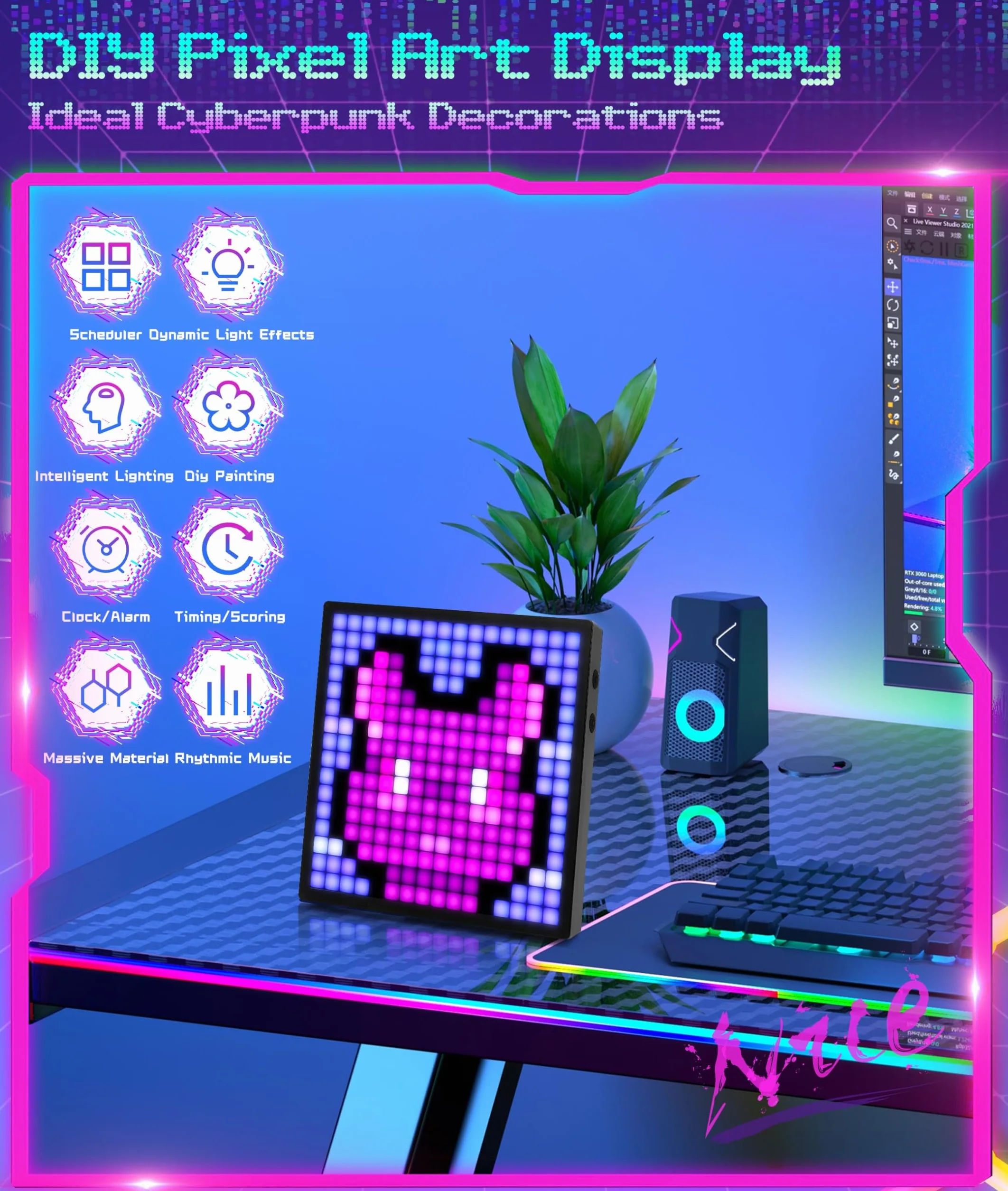 Wyświetlacz LED Pixel Art z zegarem Telefon Programowalny panel sterowania Bluetooth LED do pulpitu Wall Art (16 x 16 szt.)