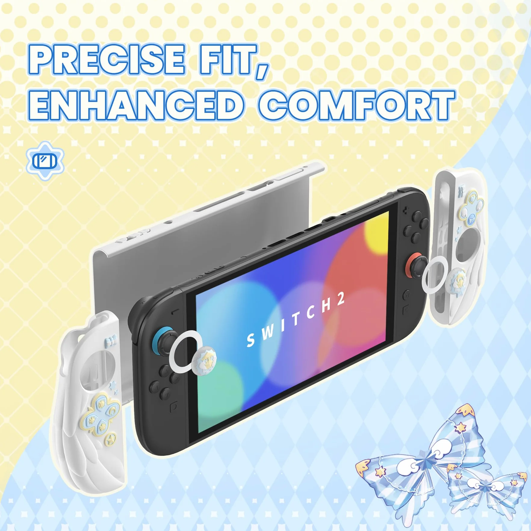 PlayVital Etui na Konsolę do Switch 2 Akcesorium z Silikonowymi Osłonami Joycon & Nakładkami na Joysticki do Switch 2,Dockowalne Ochronne-Biały, Styl Magiczne Skrzydła