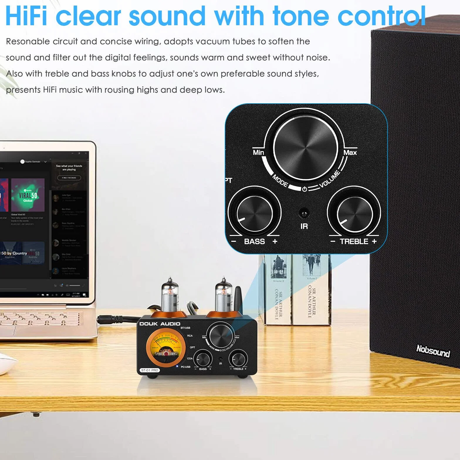 Douk Audio ST-01 PRO wzmacniacz HiFi, 200W mini wzmacniacz lampowy z Bluetooth 5.0, miernik VU, DAC USB wejście koncentryczne/optyczne (ST-01PRO)