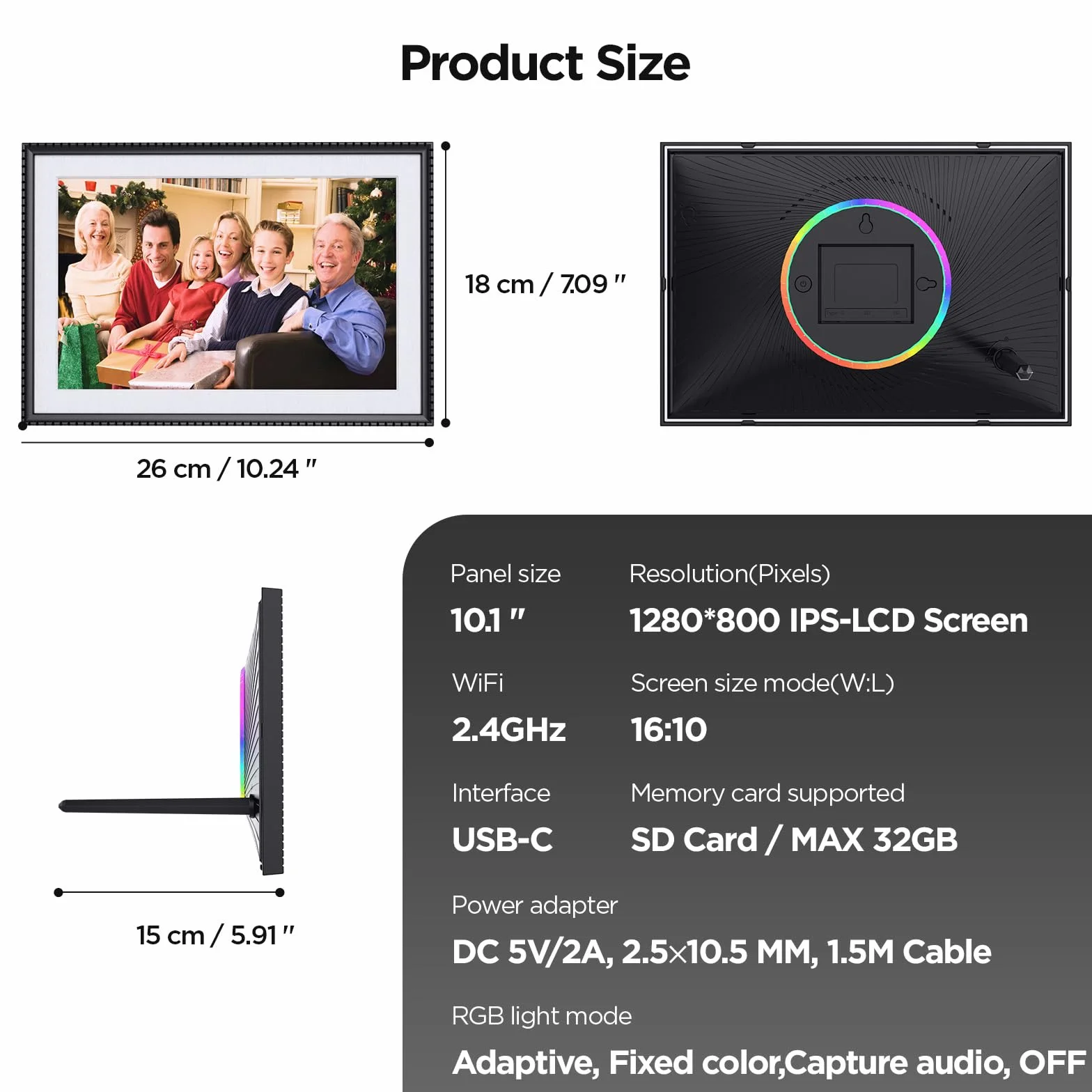 Cyfrowa ramka na zdjęcia 10,1", WiFi, ekran dotykowy IPS 1280 x 800, pamięć 32 GB, automatyczne obracanie, montaż na ścianie, łatwa konfiguracja zdjęć i filmów natychmiast za pomocą aplikacji