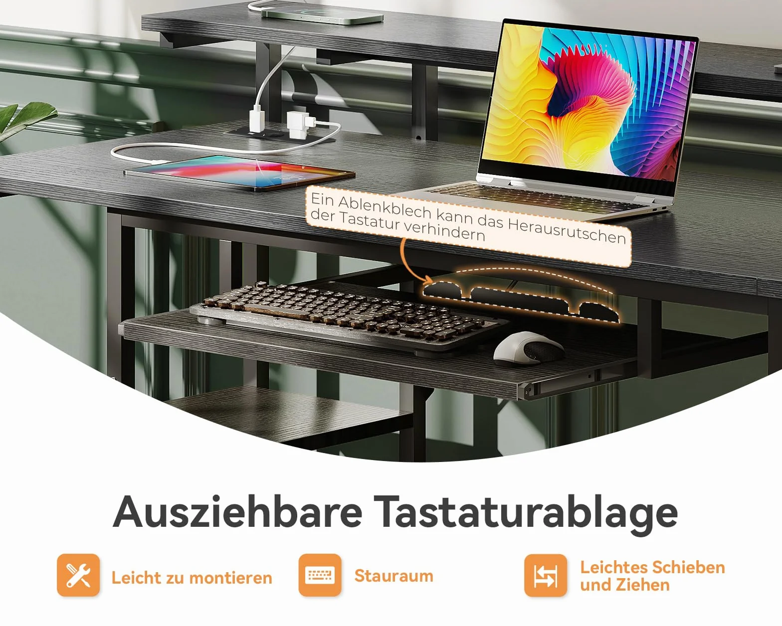 ODK Nowoczesne czarne biurko 140 x 52 x 92 cm, stół konferencyjny z 4 szufladami, port ładowania USB i gniazdo, do domowego biura