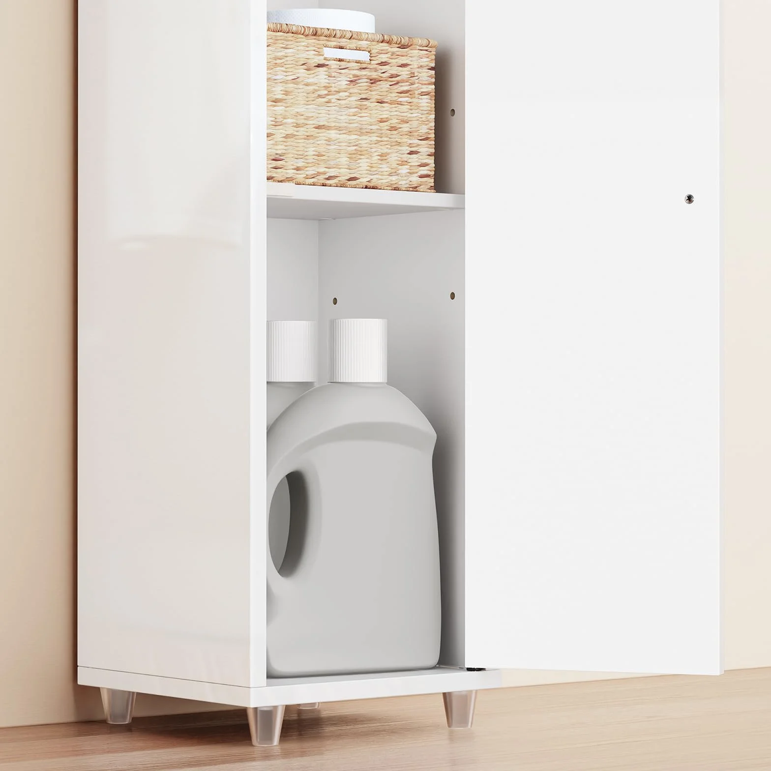 SoBuy Wysoka szafka łazienkowa z 5 półkami, regał łazienkowy z 1 szufladą i drzwiami, meble łazienkowe, wysoki połysk, biała, szer. x wys. x gł.: ok. 20 x 180 x 20 cm, BZR167-GW