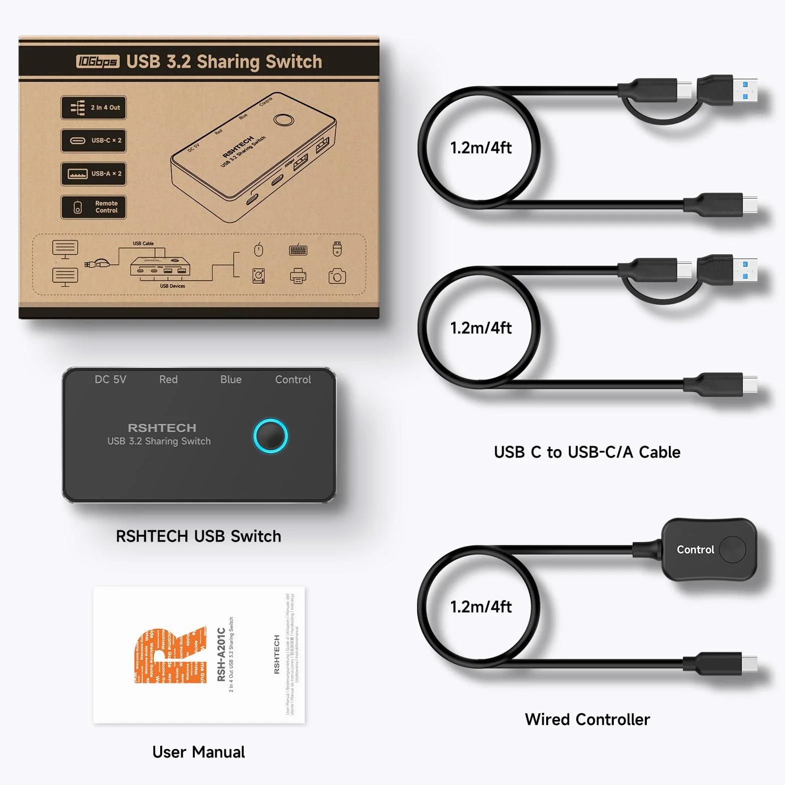 RSHTECH Przełącznik Kvm 10 Gbps 2 PC 2 monitory – USB 3.2 przełącznik 2 w 1 out, przełącznik USB z 2 typami A i 2 typami C – w zestawie kontroler do komputera stacjonarnego i 2 kable do transmisji