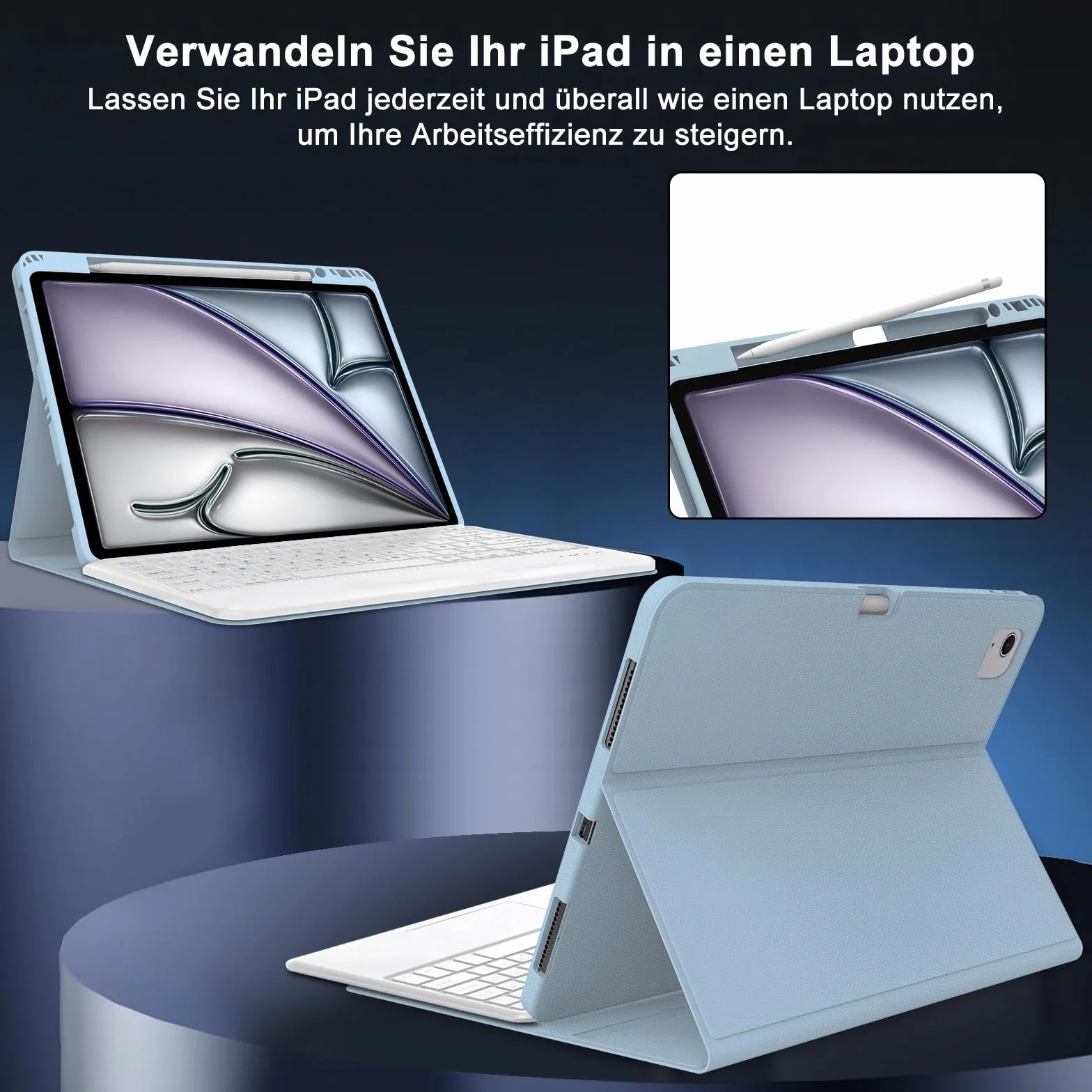 SENGBIRCH Etui na klawiaturę do iPad Air 13" (M3 2025/M2 2024) - niemiecka klawiatura touchpada QWERTZ, zdejmowana bezprzewodowa klawiatura Bluetooth do iPad Air 13" (M2) 2024, jasnoniebieskie