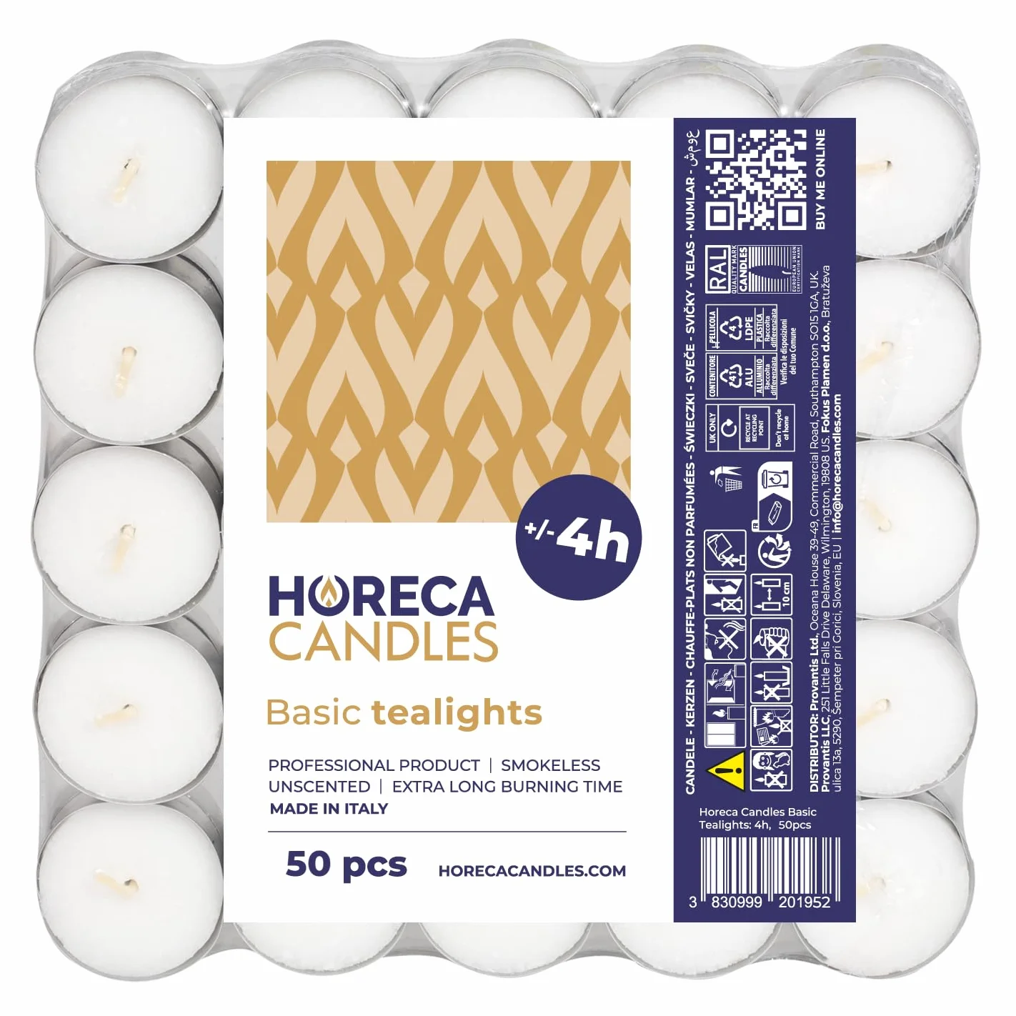 Świeczki Tealight Horeca 4 Godziny Palenia Zestaw 50 Białych Bez Zapachu