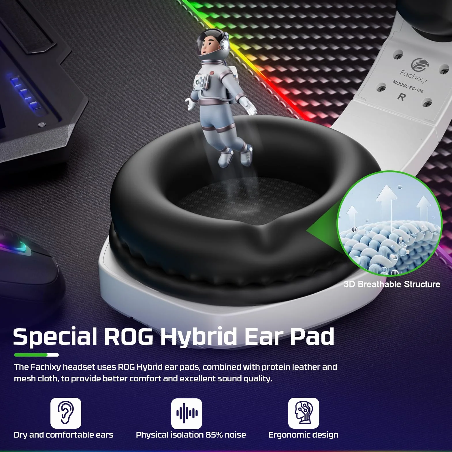 Fachixy FC100 zestaw słuchawkowy gamingowy do PS4 PS5 PC Xbox Nintendo Switch słuchawki stereo RGB z mikrofonem redukcją szumów biały