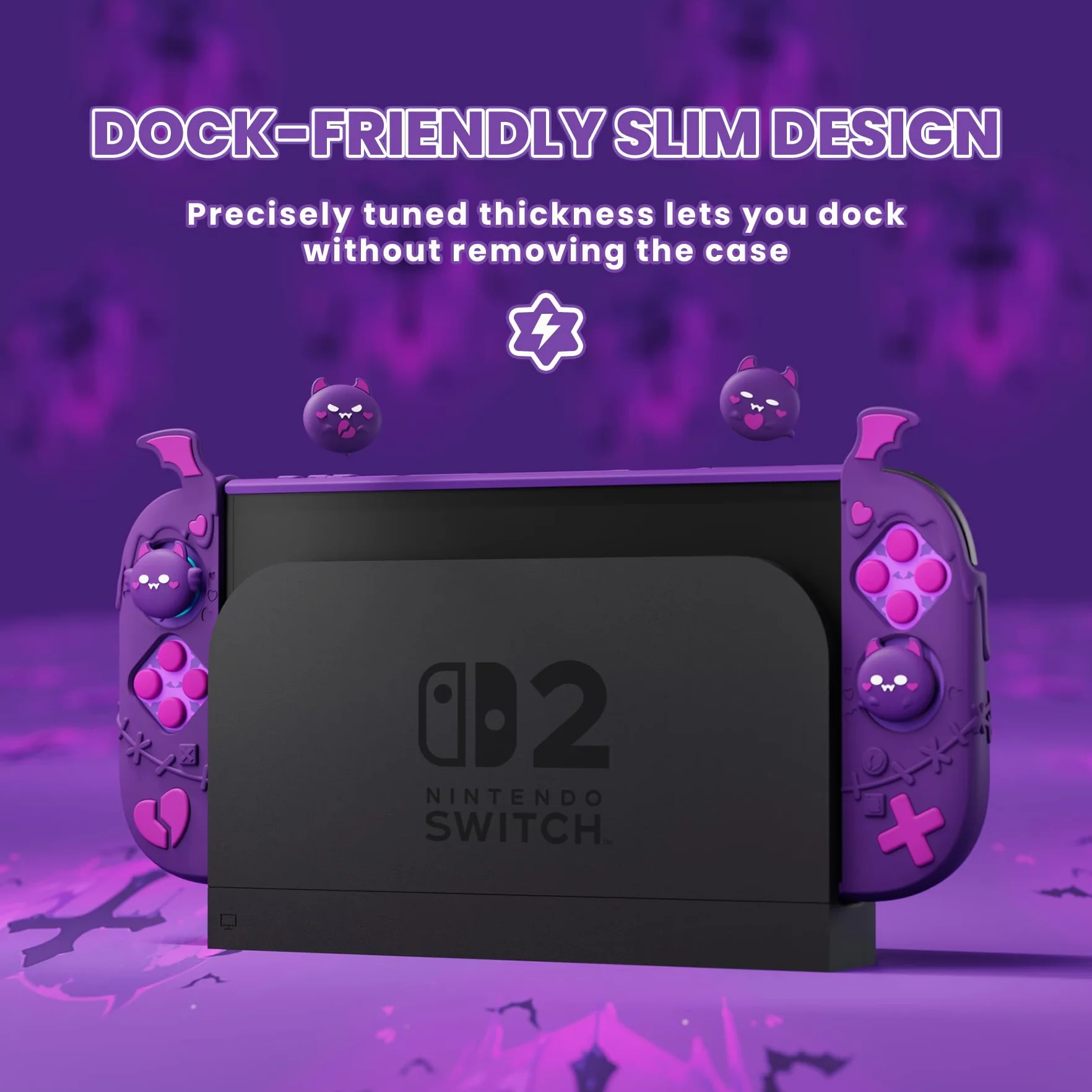 PlayVital Etui Ochronne do Switch 2 z Silikonowe Grip Joycon,Twarda Tylna Obudowa PC kompatybilna z Dockiem,Nakładki na Joysticki i Naklejki,Akcesoria do Switch 2-Fioletowy,Seria Gothic Imp