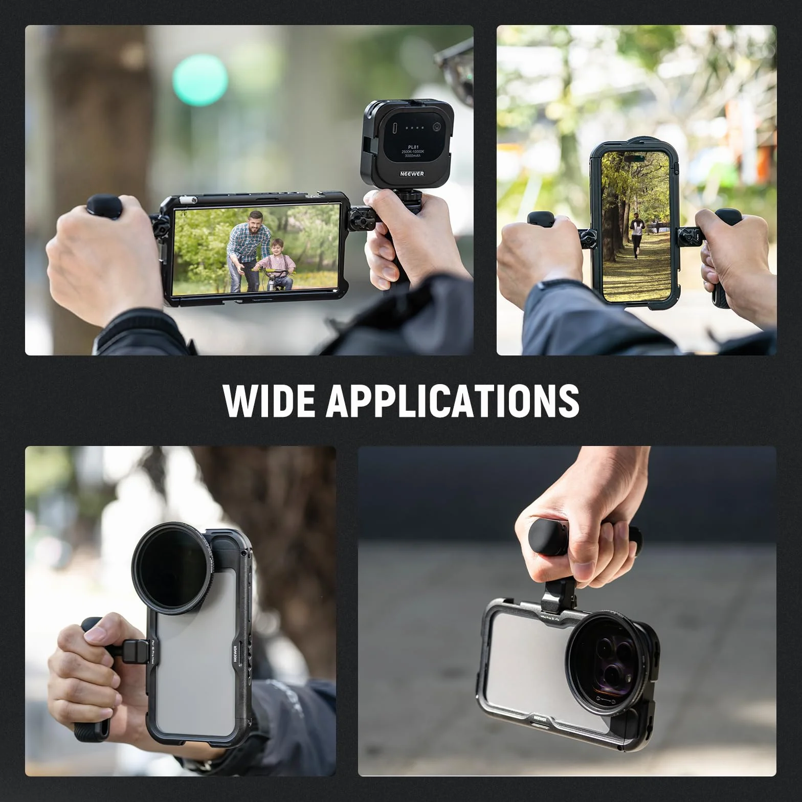 NEEWER Uchwyt boczny szybkiego zwalniania do klatki na telefon PA073 PA074 dla 16 Pro/16 Pro Max, PA042 do Samsung S24 Ultra, z zakrytą zimną stopką, pinem zapobiegającym zdejmowaniu, czarna blokada