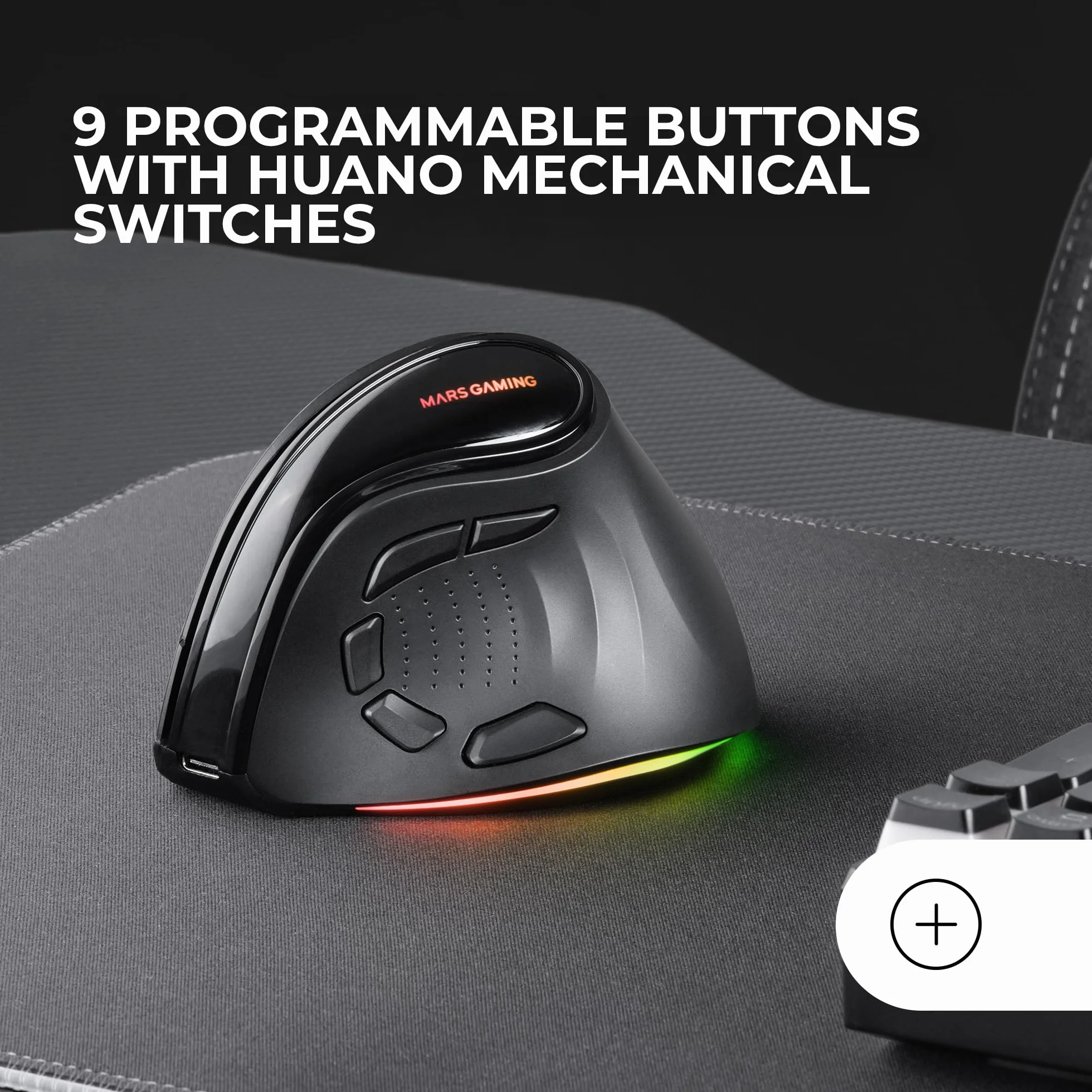 Mars Gaming MM-SK, Bezprzewodowa Pionowa Mysz Gamingowa, Ergonomiczny Design, RGB Chroma, Optyczny Sensor Pixart 8400DPI, Mechaniczne Przełączniki Huano, 9 Programowalnych Przycisków, Tri-Mode,Czarny
