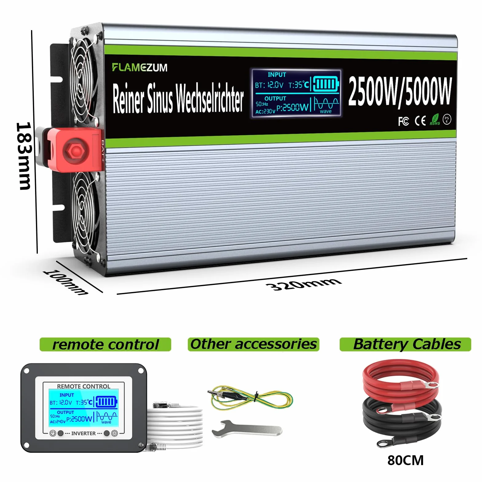 Falownik 12V 230V Czysty Sinus 2500W Przetwornica Napięcia z Pilotem Zdalnego Sterowania i Ekranem LCD & 2 Gniazdkami UE & 2 Port USB Solar Power Inverter do Samochodu,Przyczepy kempingowej,łodzi,na kemping