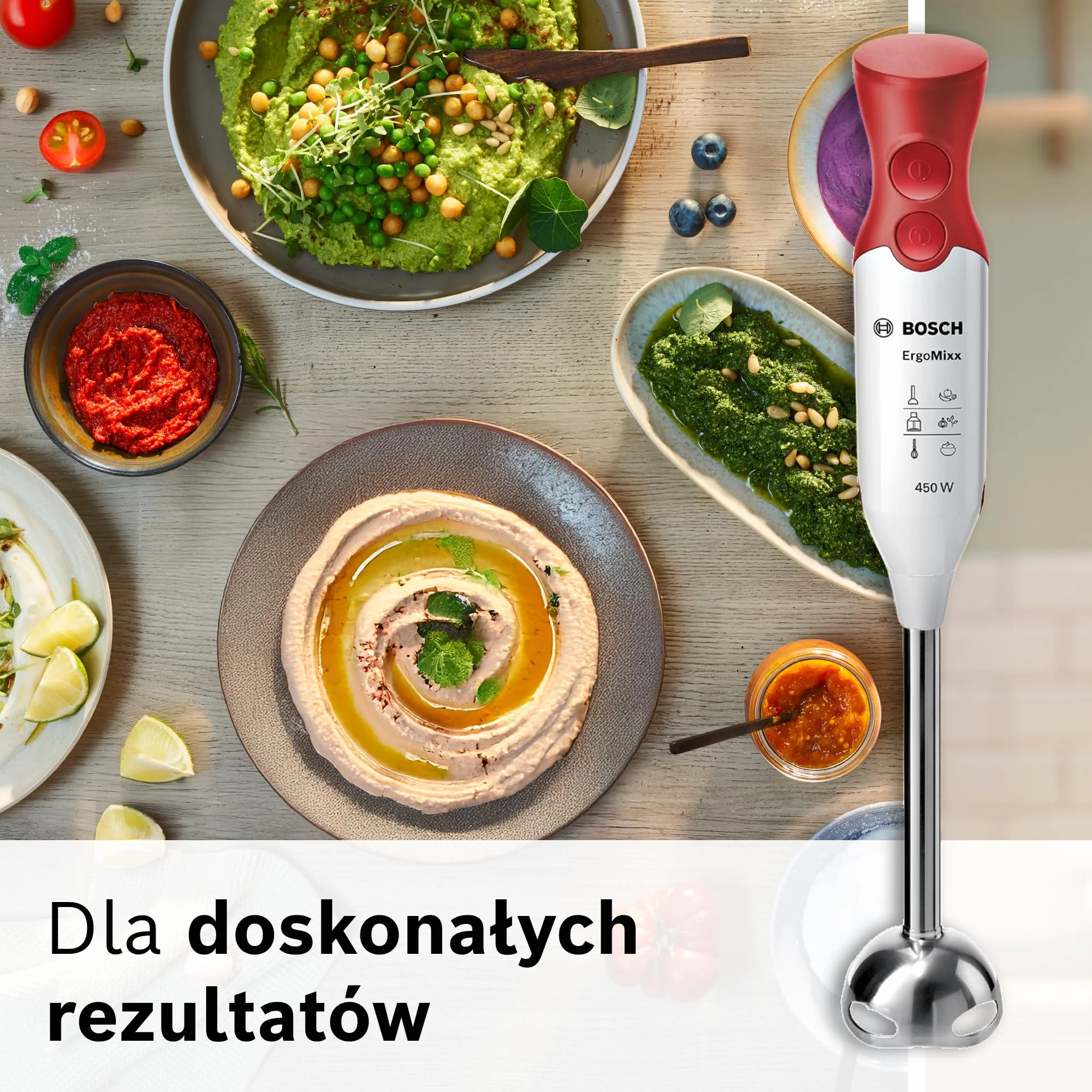 Bosch, blender ręczny, ErgoMixx, silnik 450 W, 2 ustawienia prędkości, rozdrabniacz, trzepaczka i pojemnik, biało-czerwony, MSM64110