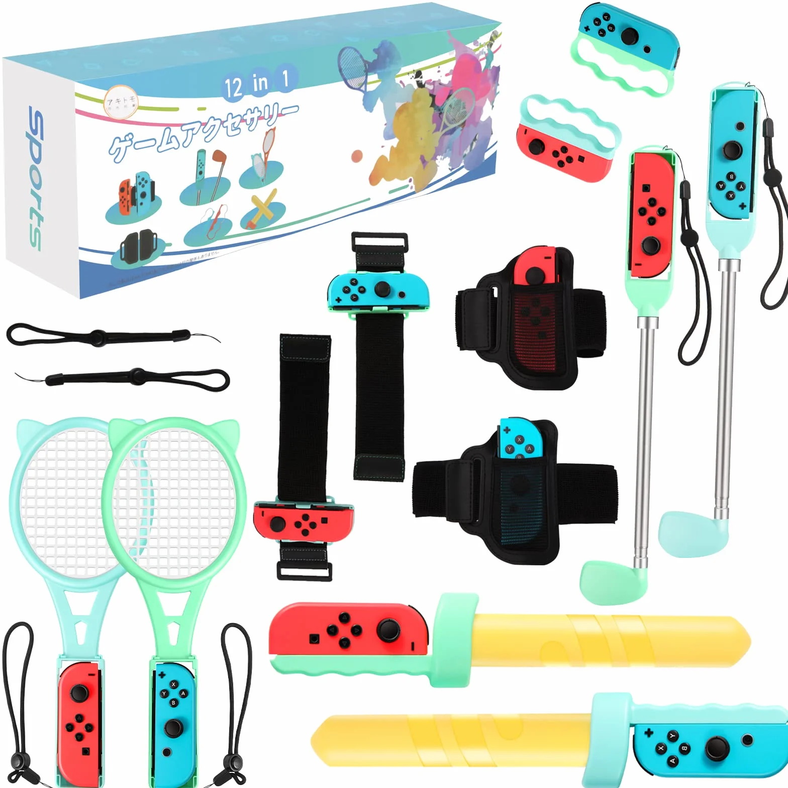 OLDZHU 12 w 1 Zestaw akcesoriów sportowych do Nintendo Switch OLED z rakietami tenisowymi, kijami golfowymi, mieczem, paskami na nadgarstki i nogi Niebiesko-zielony