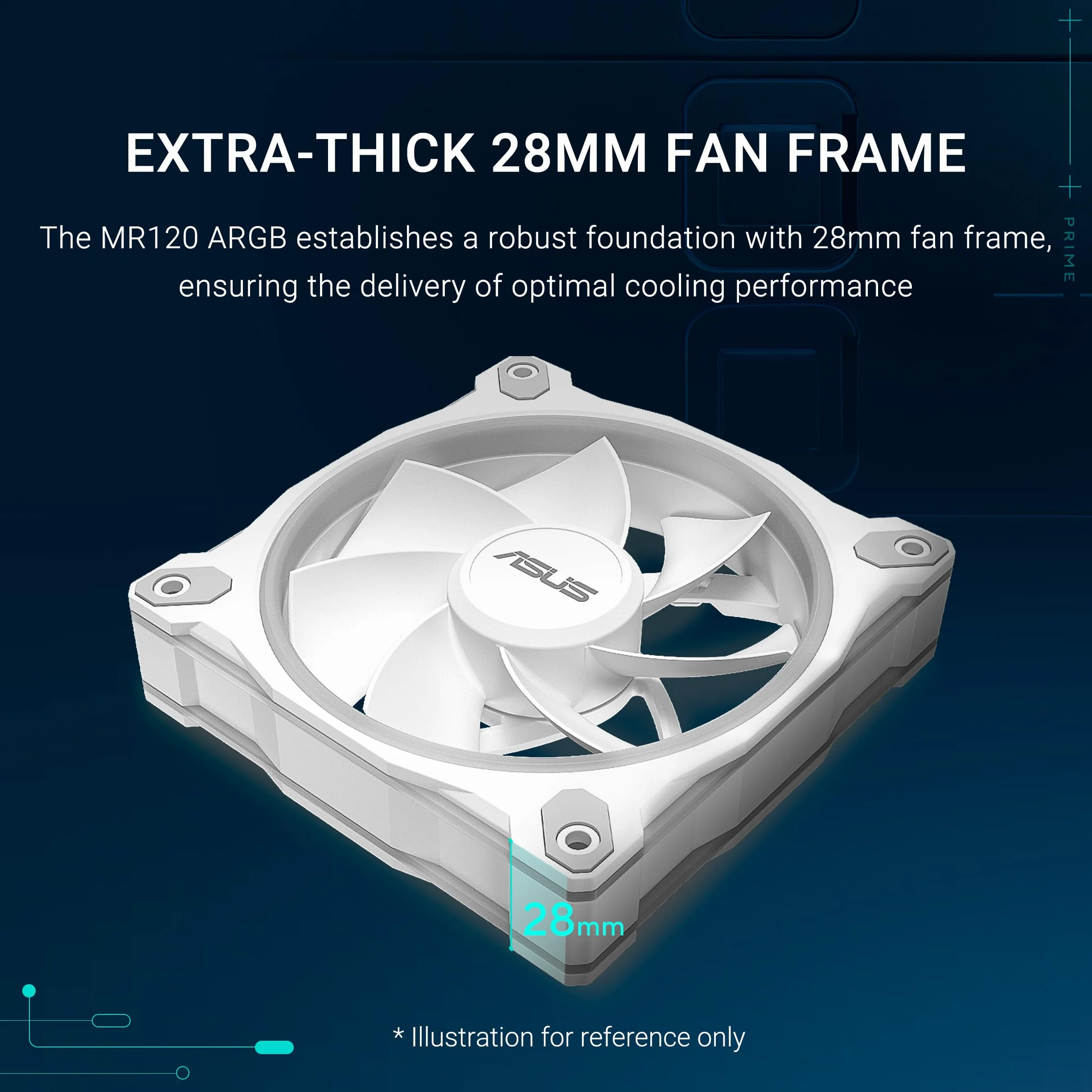 ASUS Prime MR120 ARGB Single Pack White Edition, wentylator PWM 120 mm, 20 LED ARGB, prędkość wentylatora 1600 obr./min, przepływ powietrza 58 CFM, grubość ramy 28 mm, Aura Sync