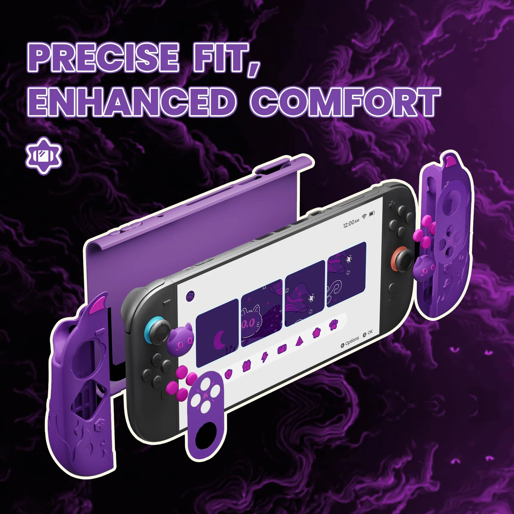 PlayVital Etui Ochronne do Switch 2 z Silikonowymi Nakładkami na Joycon, Joysticki i Naklejkami - Fioletowy