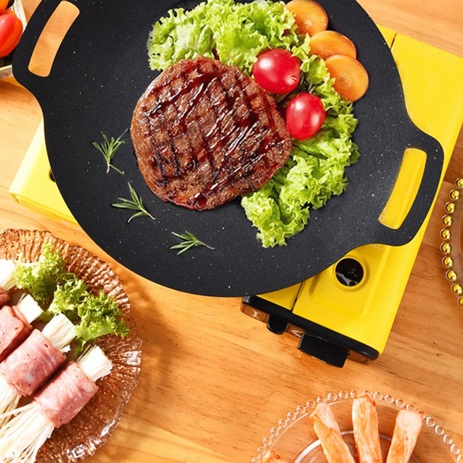 Koreańska patelnia grillowa, koreańska nieprzywierająca patelnia do grilla, kompatybilna z płytą indukcyjną, kuchenką gazową, elektryczną, grillem wewnętrznym lub zewnętrznym (30 cm)