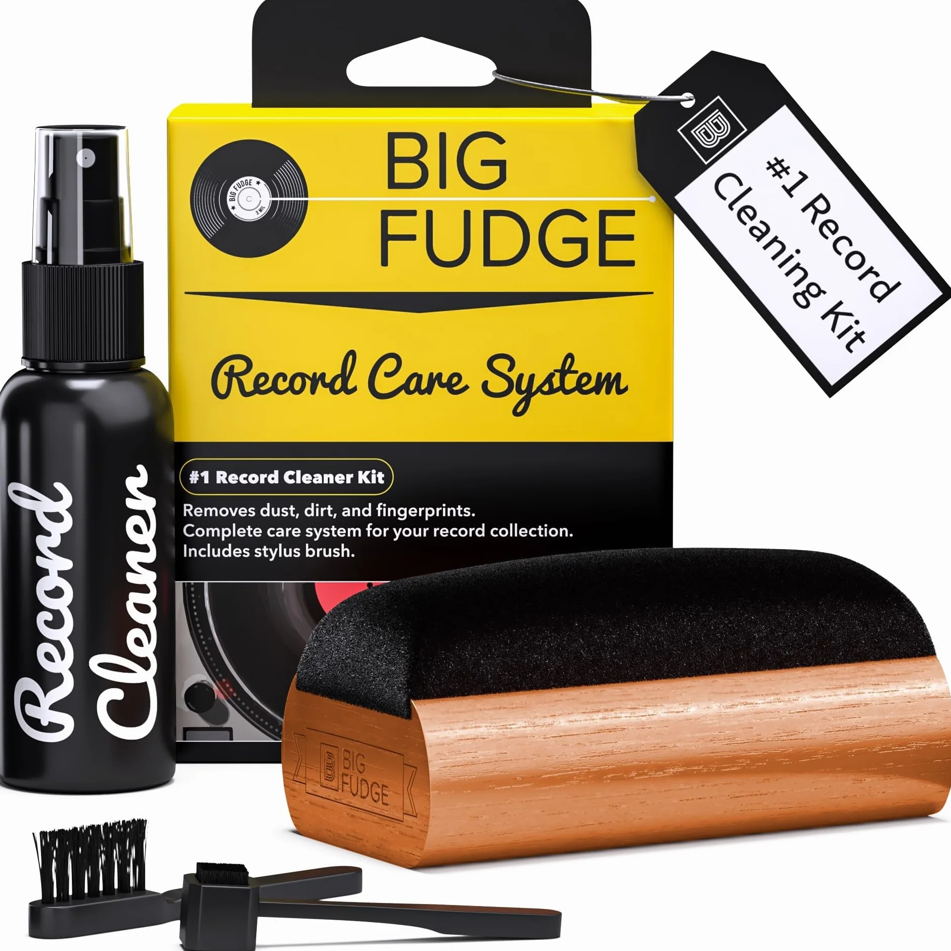 BIG FUDGE Professional Series Vinyl Record Cleaning Kit - 5-in-1- Includes Velvet Vinyl Cleaner Brush, Cleaning Fluid, Stylus Gel, Brush for Velvet, Padded Storage Case